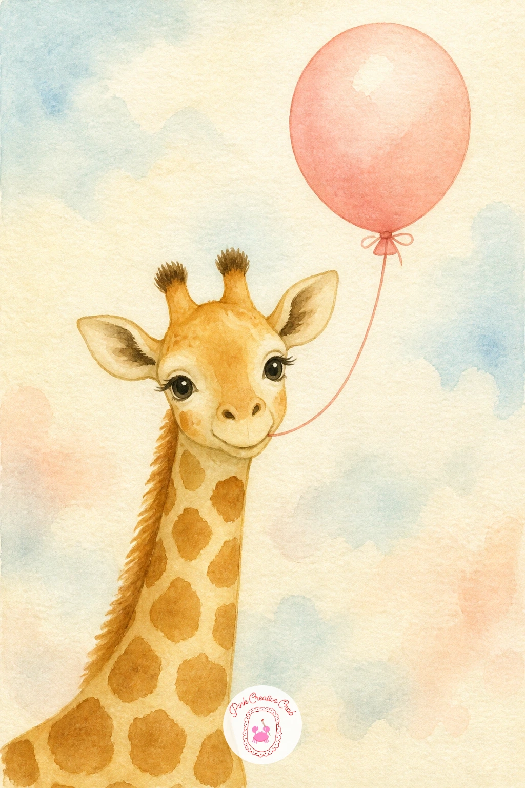 Giraffe With a Balloon — Keep the mood light with a giraffe holding a single balloon string in its mouth, drifting along as if caught mid-stroll. Watercolor
