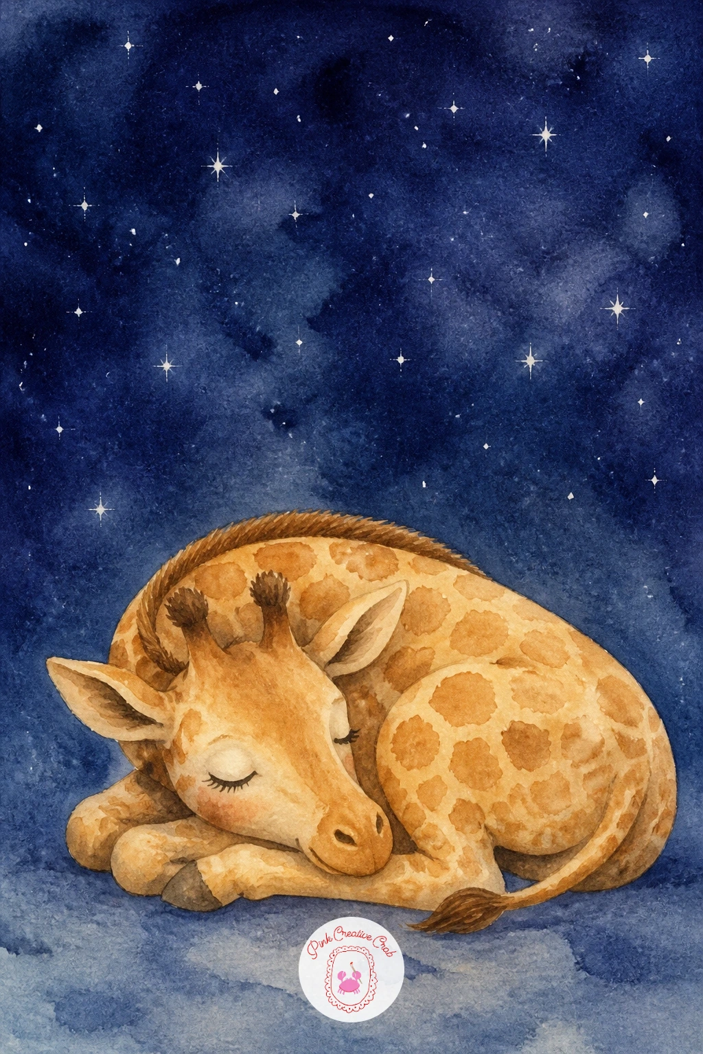 Giraffe Sleeping Under the Stars — Slow the pace down with a sleeping giraffe curled up under a night sky, the kind of image that works beautifully above a