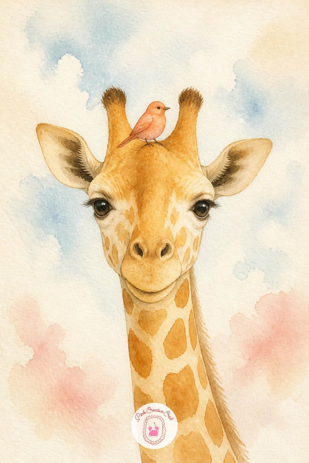 Giraffe With a Bird on Its Head — Bring in a friend for this one: a small bird perched right between the giraffe's ears, the kind of detail that gives a print