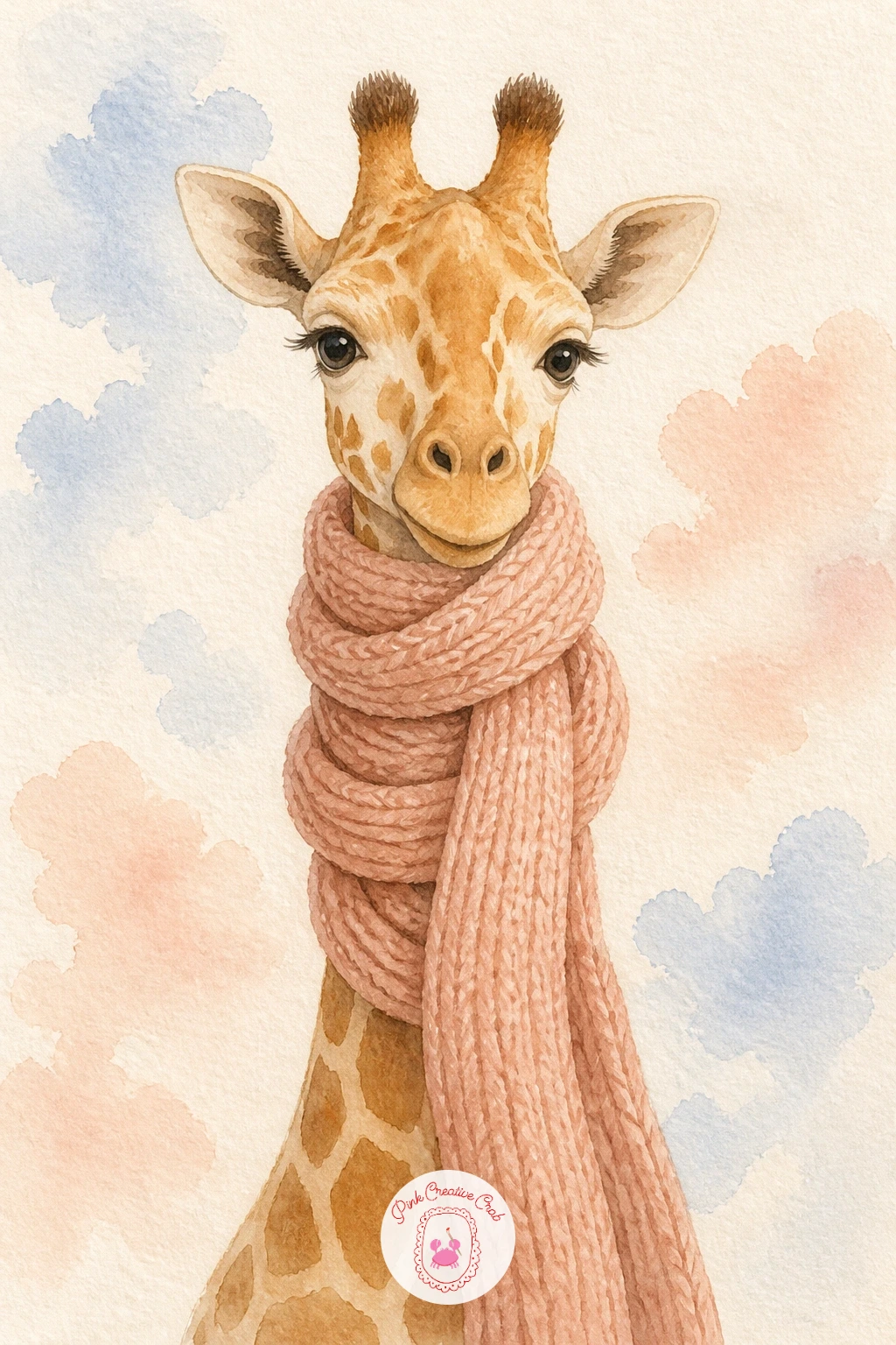 Giraffe in a Long Knitted Scarf — Wrap the giraffe up for this cosy variation: a long knitted scarf winding several times around that famous neck. Watercolor