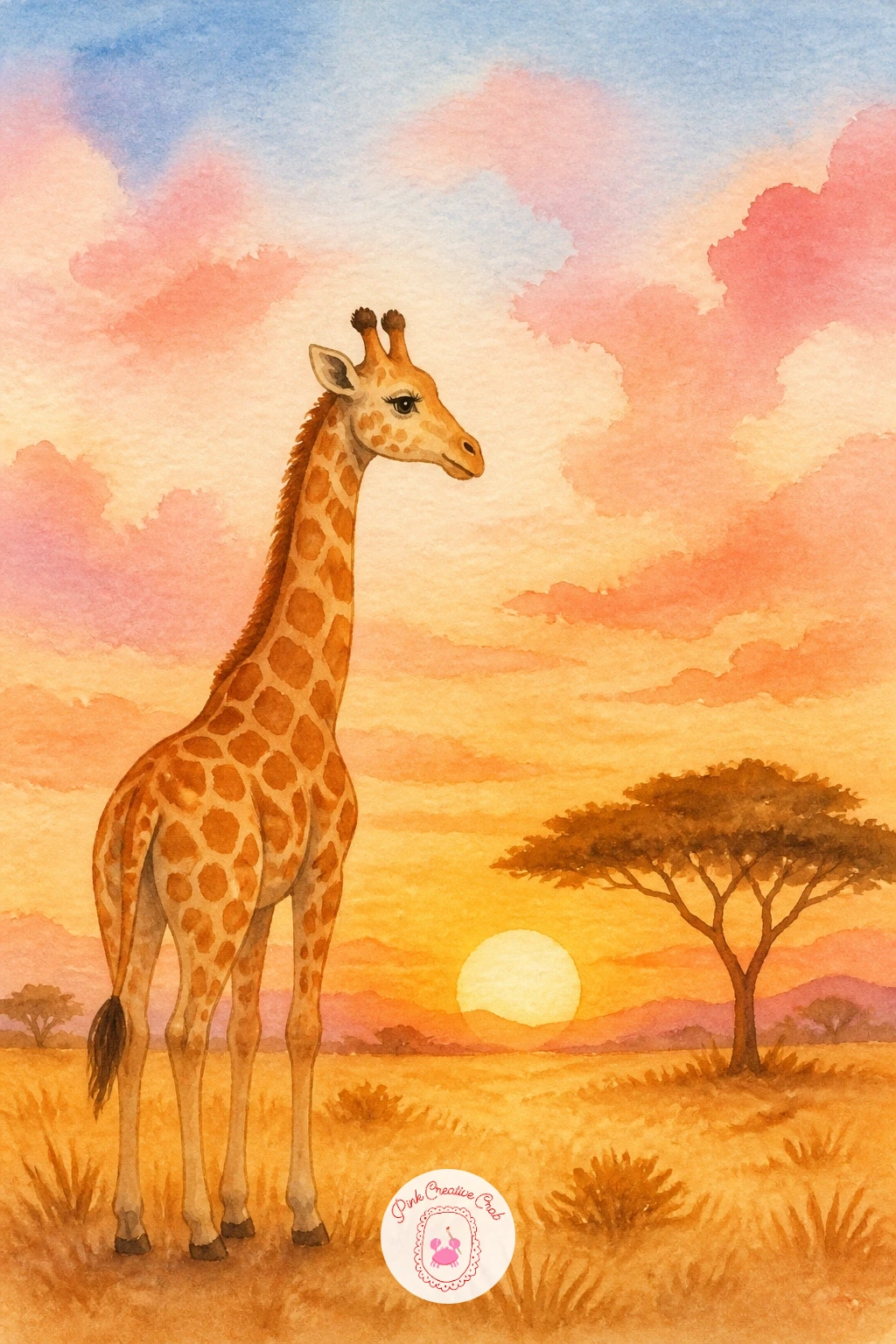 Giraffe at Sunset in the Savanna — Give the giraffe its own landscape now, standing in silhouette against a glowing savanna sunset. Watercolor giraffe
