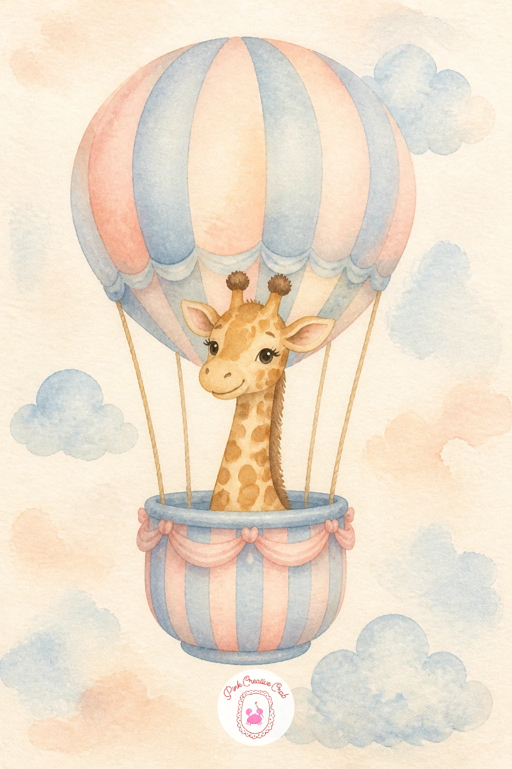 Giraffe in a Hot Air Balloon — Lift the giraffe right off the ground for a whimsical scene: a giraffe riding in a small hot air balloon basket. Watercolor