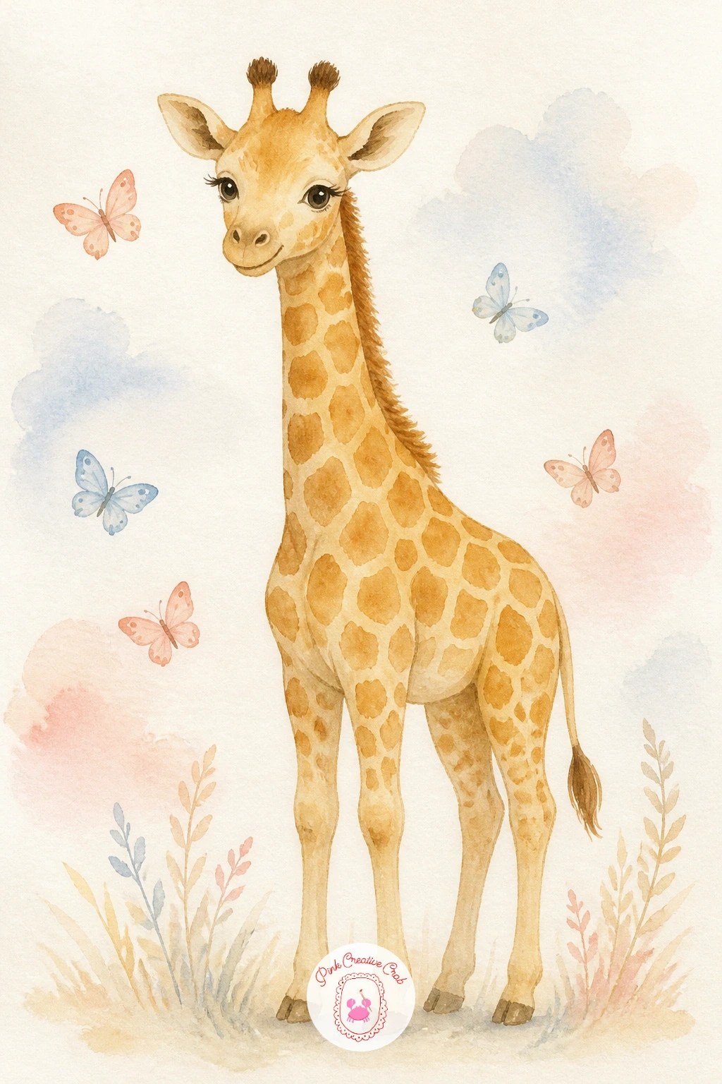 Giraffe With Butterflies — Finish the giraffe section on something light and airy: a giraffe standing still while a few butterflies drift around its head.