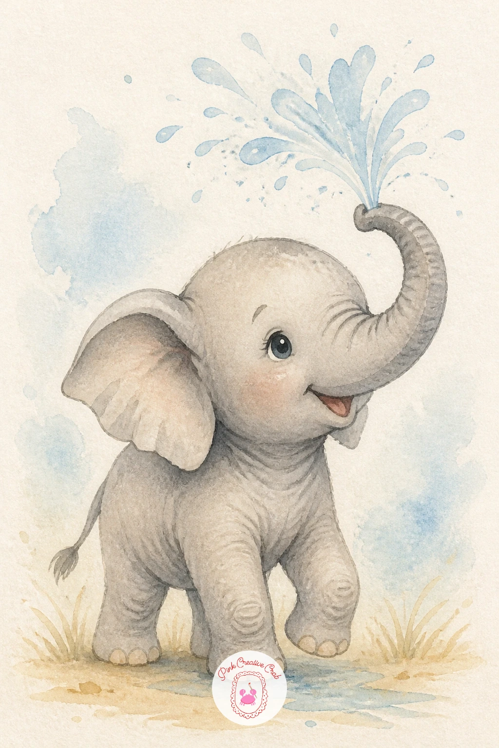 Baby Elephant Spraying Water — Move on to the next safari baby with a playful splash: a baby elephant mid-spray from its trunk. Watercolor giraffe
