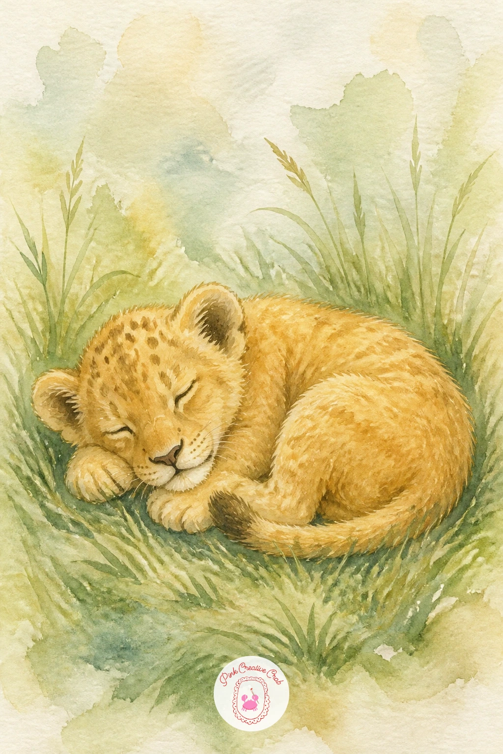 Lion Cub Napping in Grass — Slow right down with a sleepy lion cub curled up asleep in a patch of grass. Watercolor giraffe