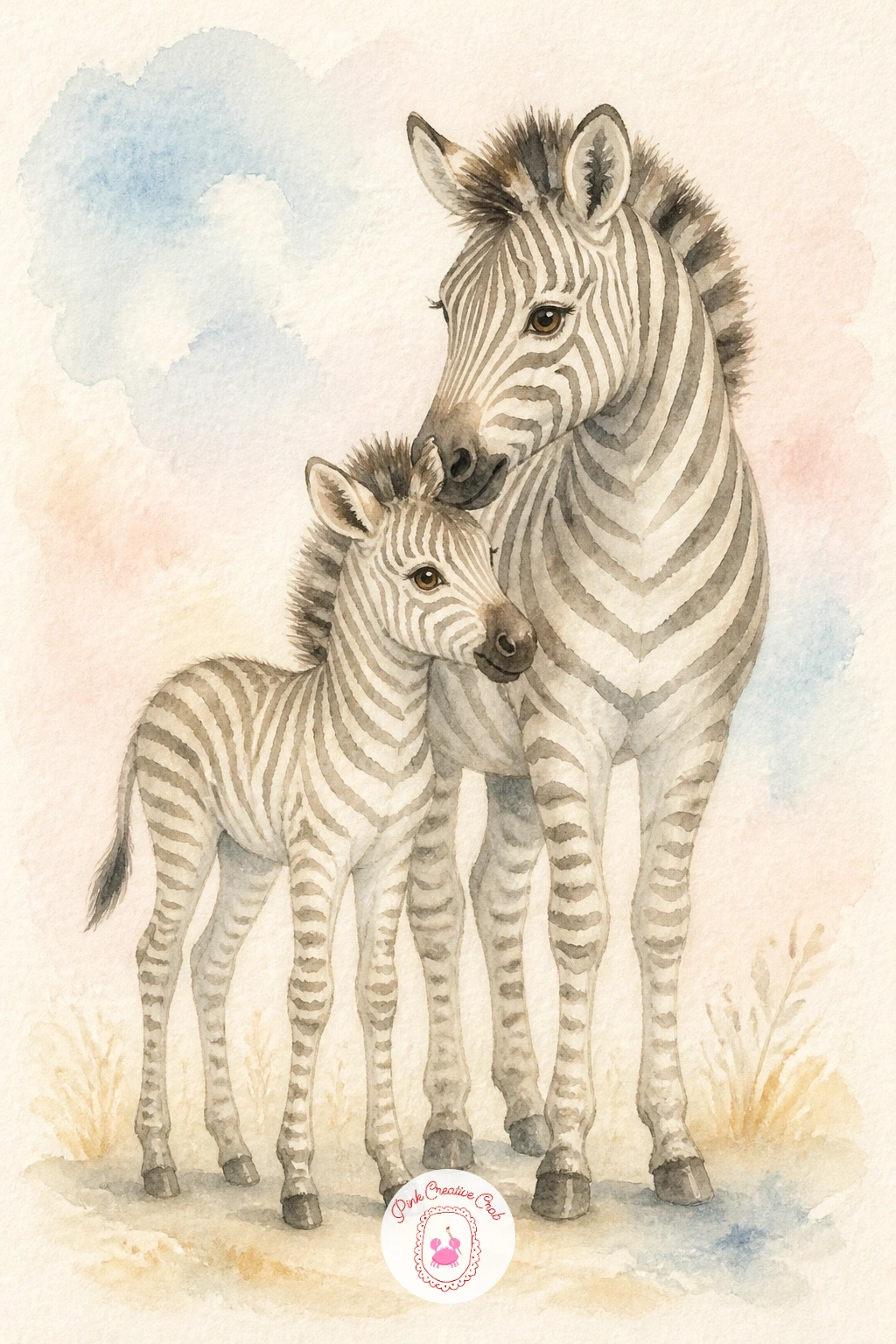 Zebra Foal With Its Mother — Echo the opening giraffe idea with a second mother-and-baby pair: a zebra foal standing close beside its mother. Watercolor giraffe