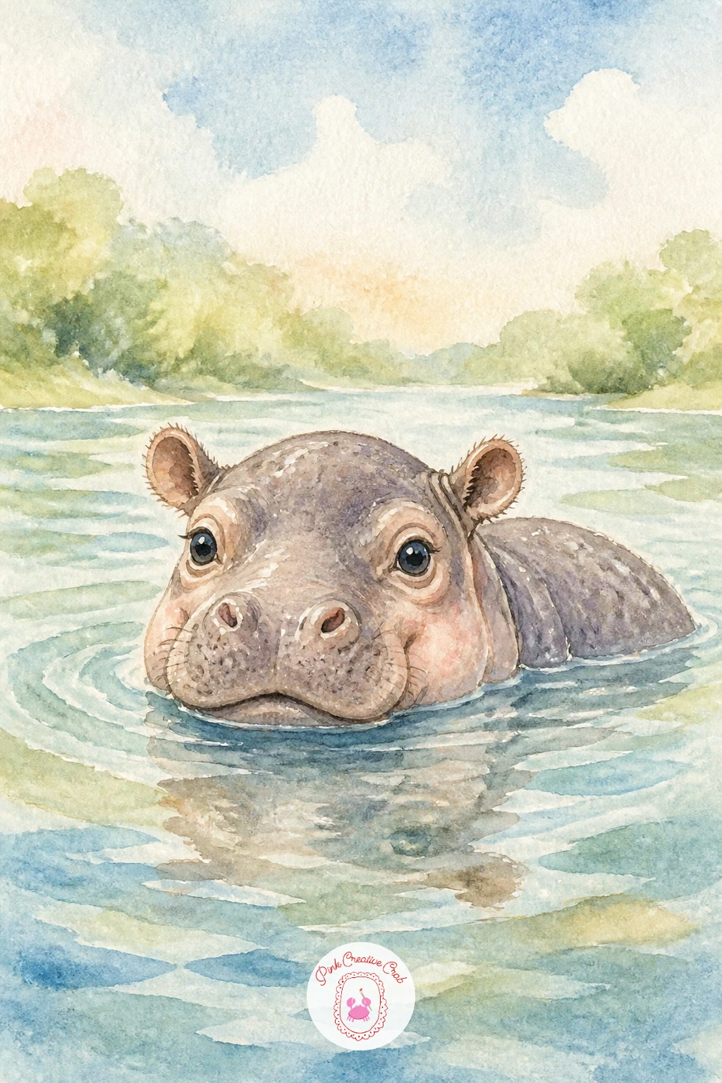 Baby Hippo in a River — Cool things down with a baby hippo floating happily in a river, only its head and back showing above the water. Watercolor giraffe