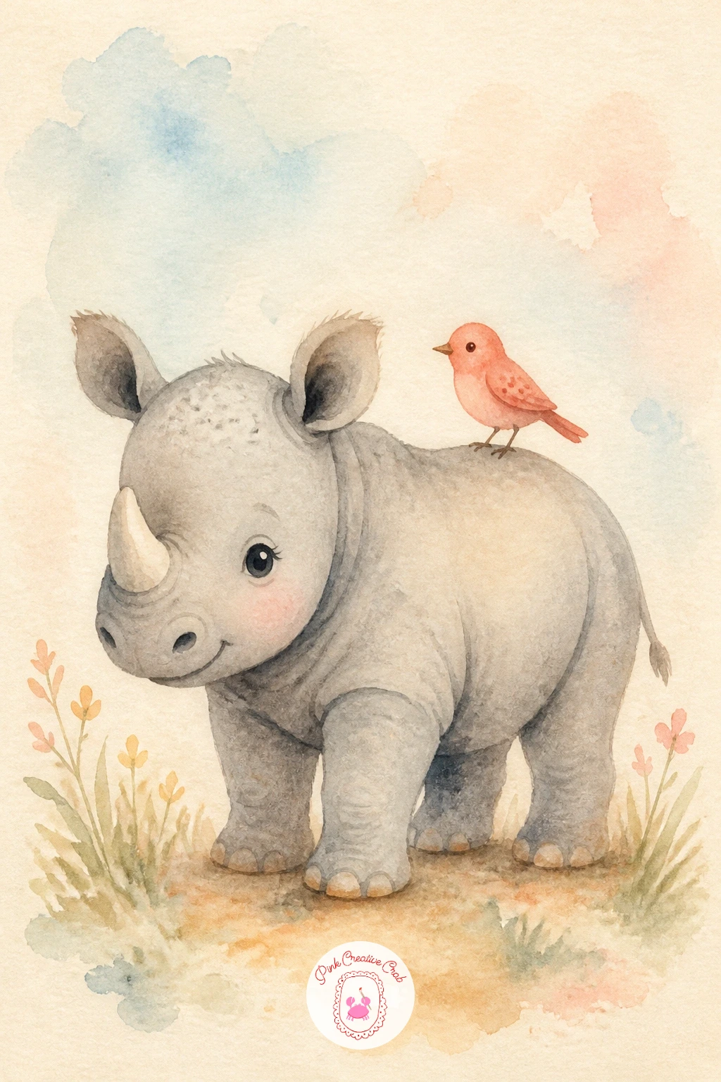 Rhino Calf With a Bird — Pair up another gentle duo: a round, sleepy-looking rhino calf with a small bird perched on its back. Watercolor giraffe