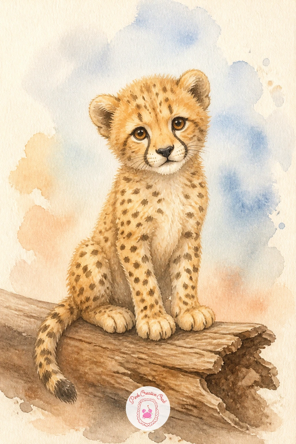Cheetah Cub on a Log — Bring in some texture with a cheetah cub sitting on a weathered log. Watercolor giraffe