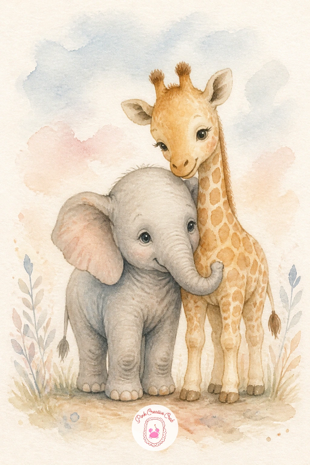 Baby Elephant and Giraffe Friends — Bring two of the nursery's favorite animals together for a sweet friendship scene: a baby elephant standing beside a baby