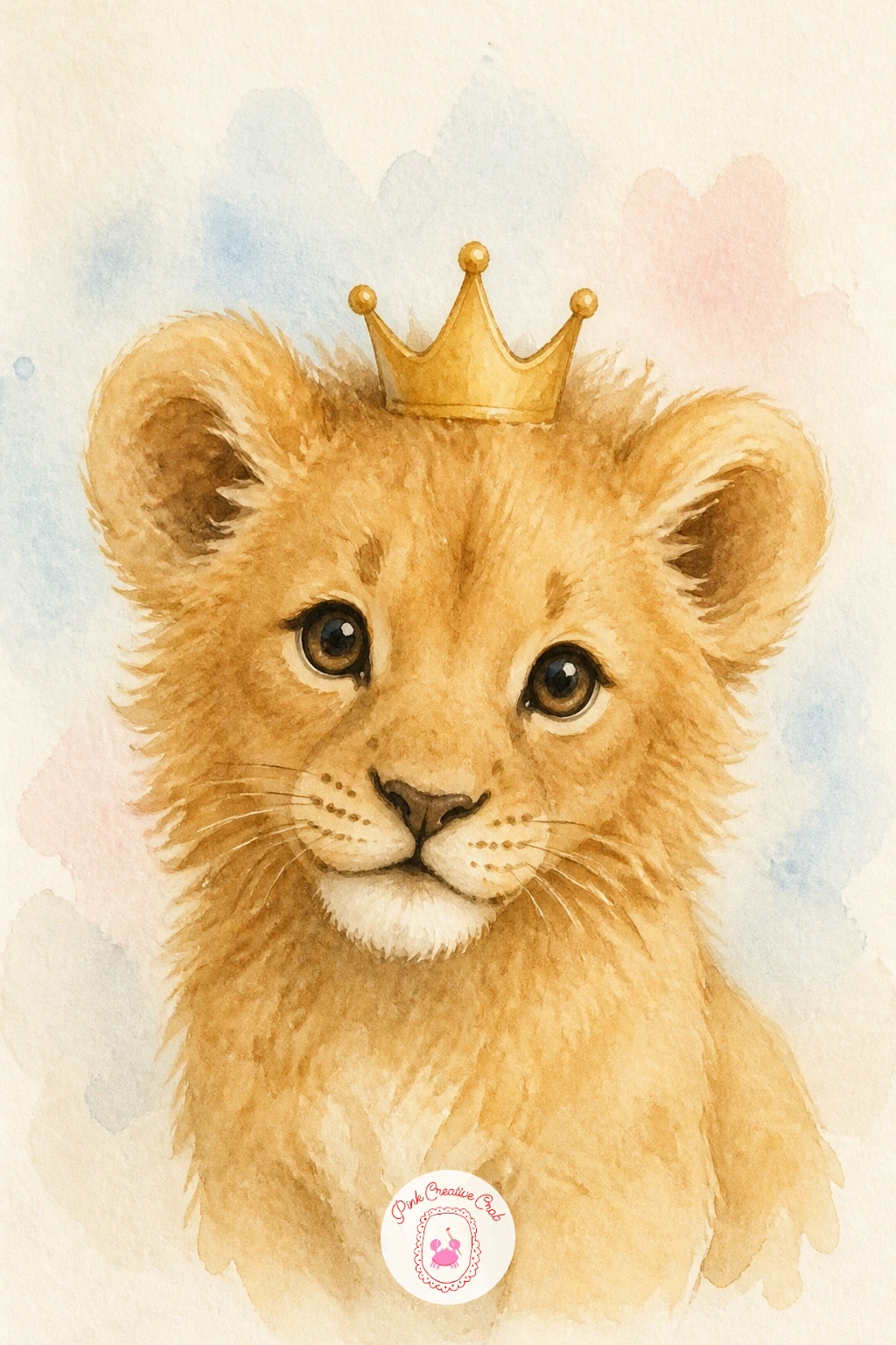 Lion Cub With a Crown — Give the lion cub a little royal touch next: a small crown perched between its round ears. Watercolor giraffe