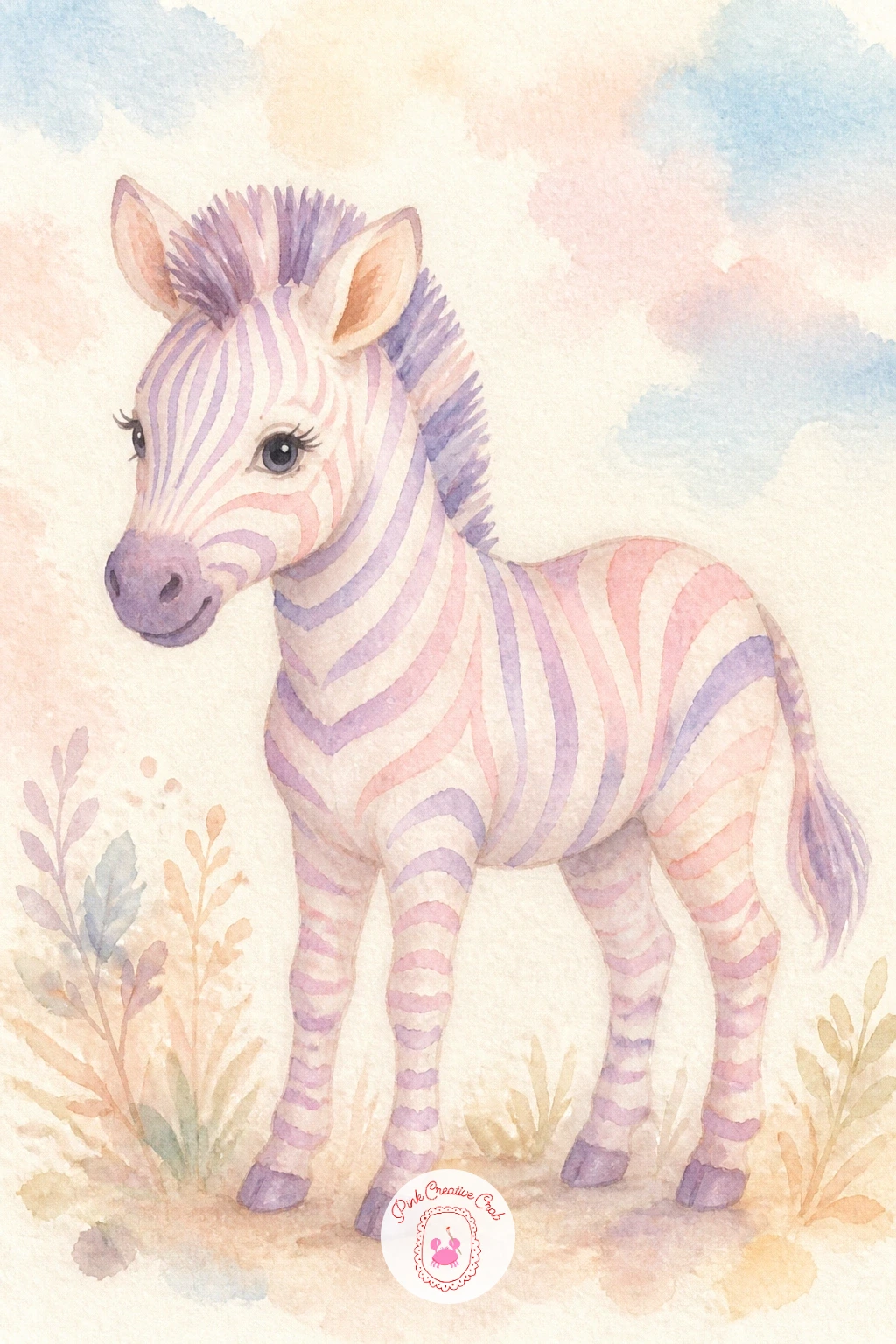 Zebra With Pastel Stripes — Take a playful turn away from realism with a zebra painted in soft pastel stripes instead of black and white. Watercolor giraffe