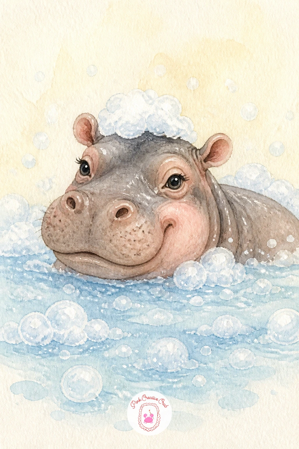 Hippo in a Bubble Bath — Keep the pastel playfulness going with a hippo relaxing in a tub of bubbles. Watercolor giraffe