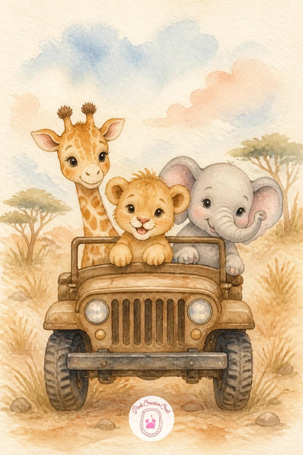 Safari Babies in a Jeep — Bring several of the animals together now for a small group scene: a cluster of safari babies riding together in an open jeep.