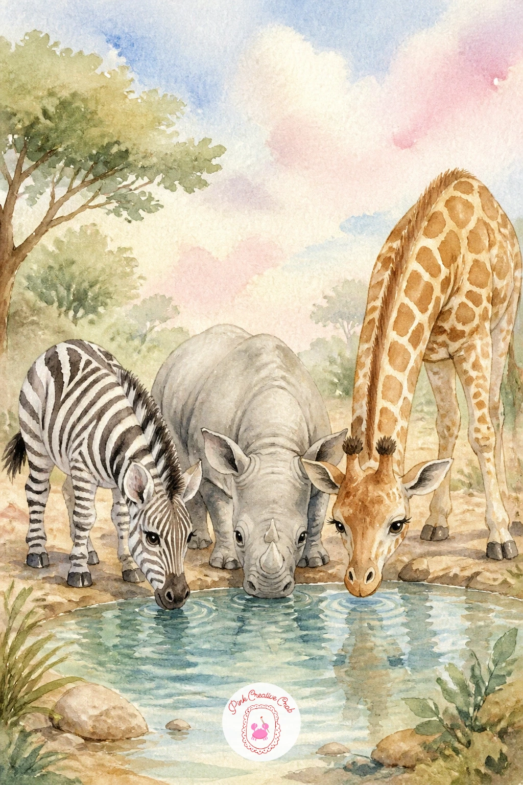 Animals Around a Watering Hole — Widen the scene once more with several animals gathered around a watering hole at the center of the page. Watercolor giraffe