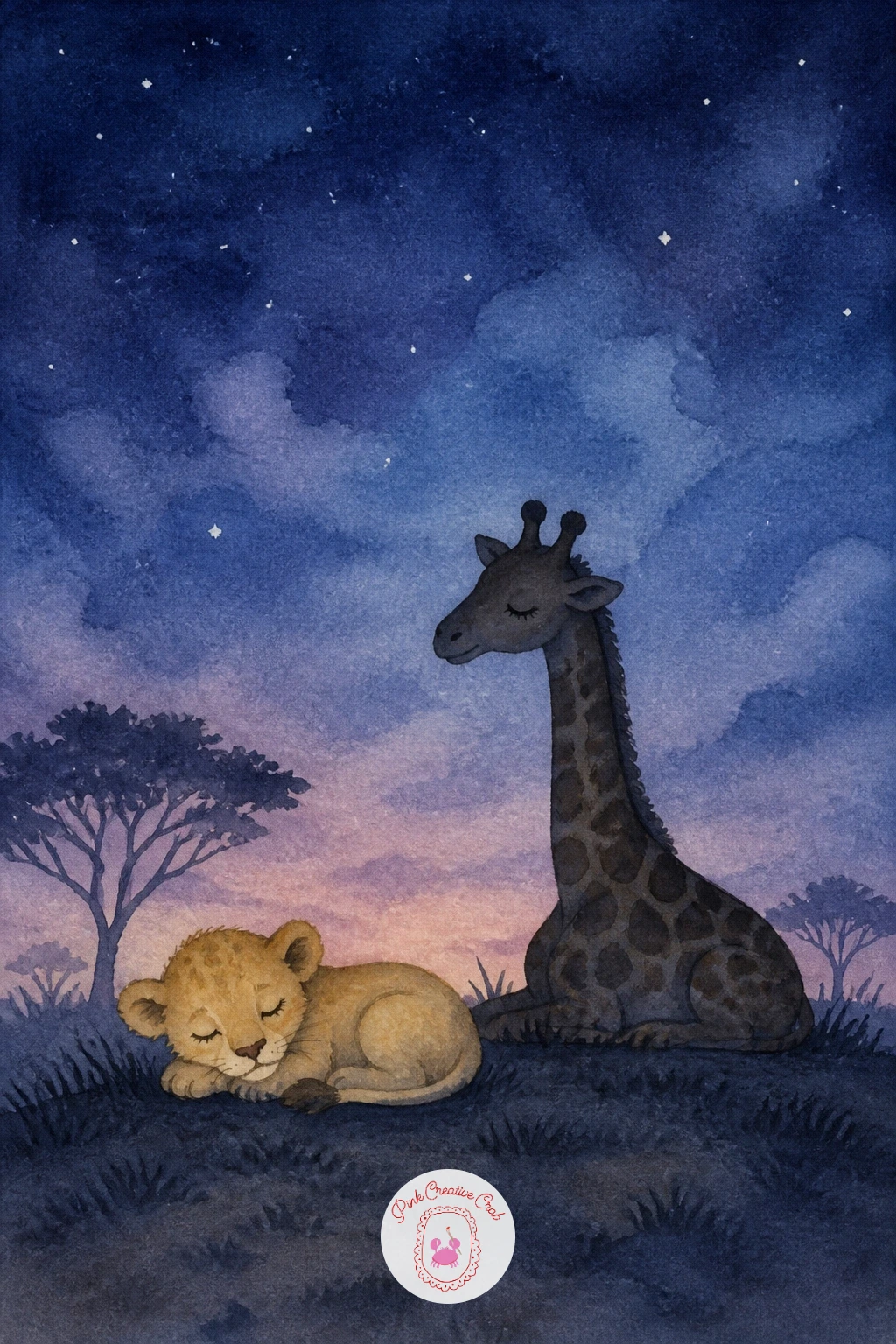 A Sleepy Savanna at Night — Echo the earlier sleeping giraffe idea with a wider night scene: a whole sleepy savanna dotted with resting shapes. Watercolor