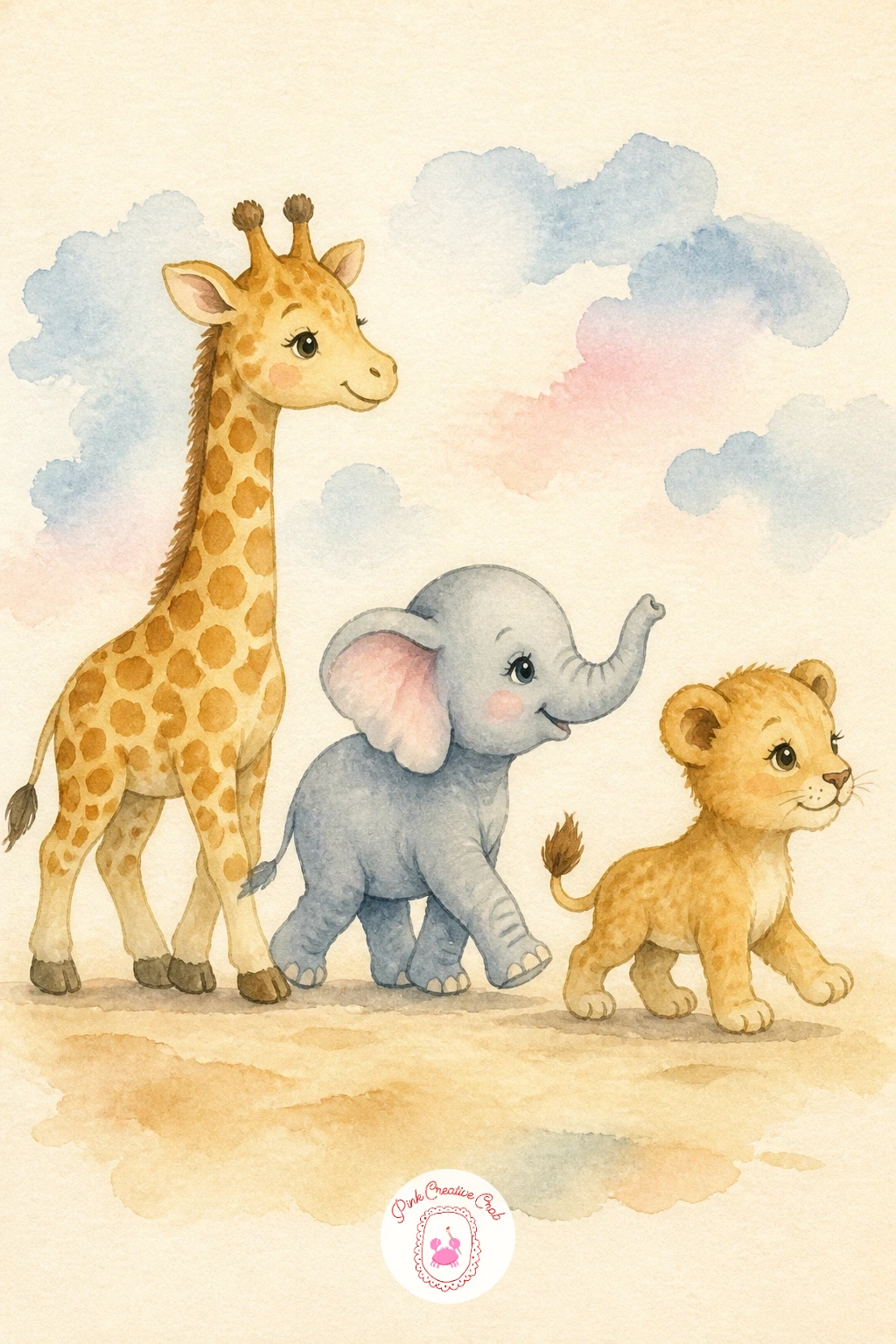 A Parade of Safari Babies — Build toward the finale with a charming parade: several safari babies walking together in a gentle line across the page. Watercolor