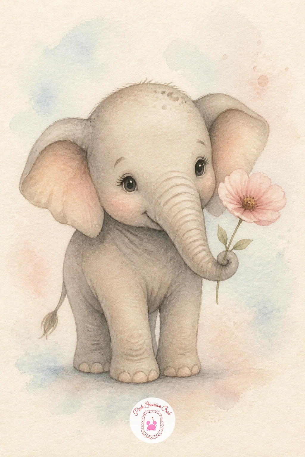 Baby Elephant Holding a Flower — Close the list on something quiet and sweet: a baby elephant holding a single flower in its curled trunk. Watercolor giraffe