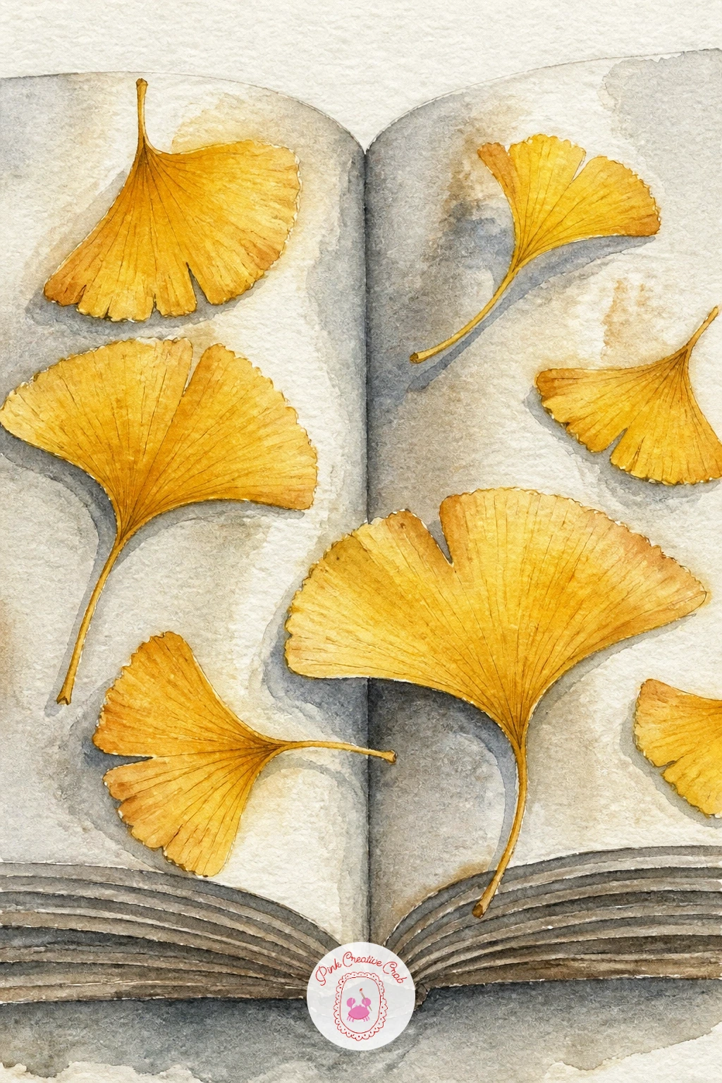 Ginkgo Leaves on an Open Book — Start with ginkgo leaves, because the fan shape is forgiving and the color is pure joy straight from the tube. Watercolor leaves
