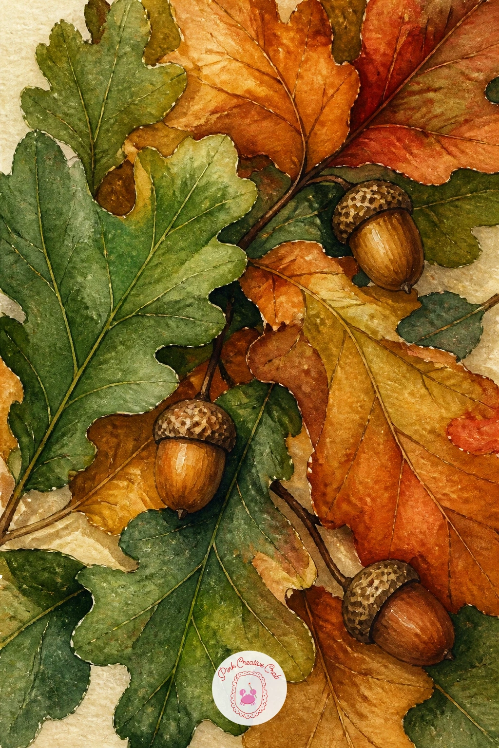 Oak Leaves and Acorns on a Wooden Table — Oak leaves bring rounded lobes instead of points, so this is a nice contrast to the sycamore shape before it.