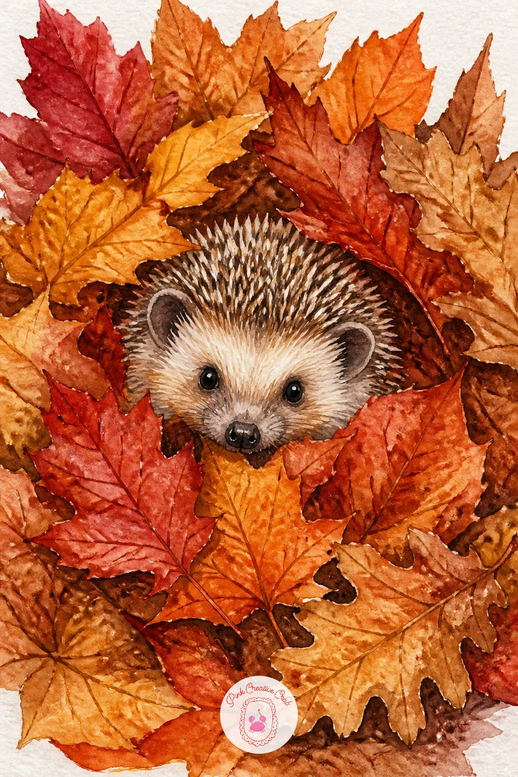 A Pile of Autumn Leaves With a Hedgehog — Bring in a small creature for the first time, which means painting the leaf pile first and letting the hedgehog peek