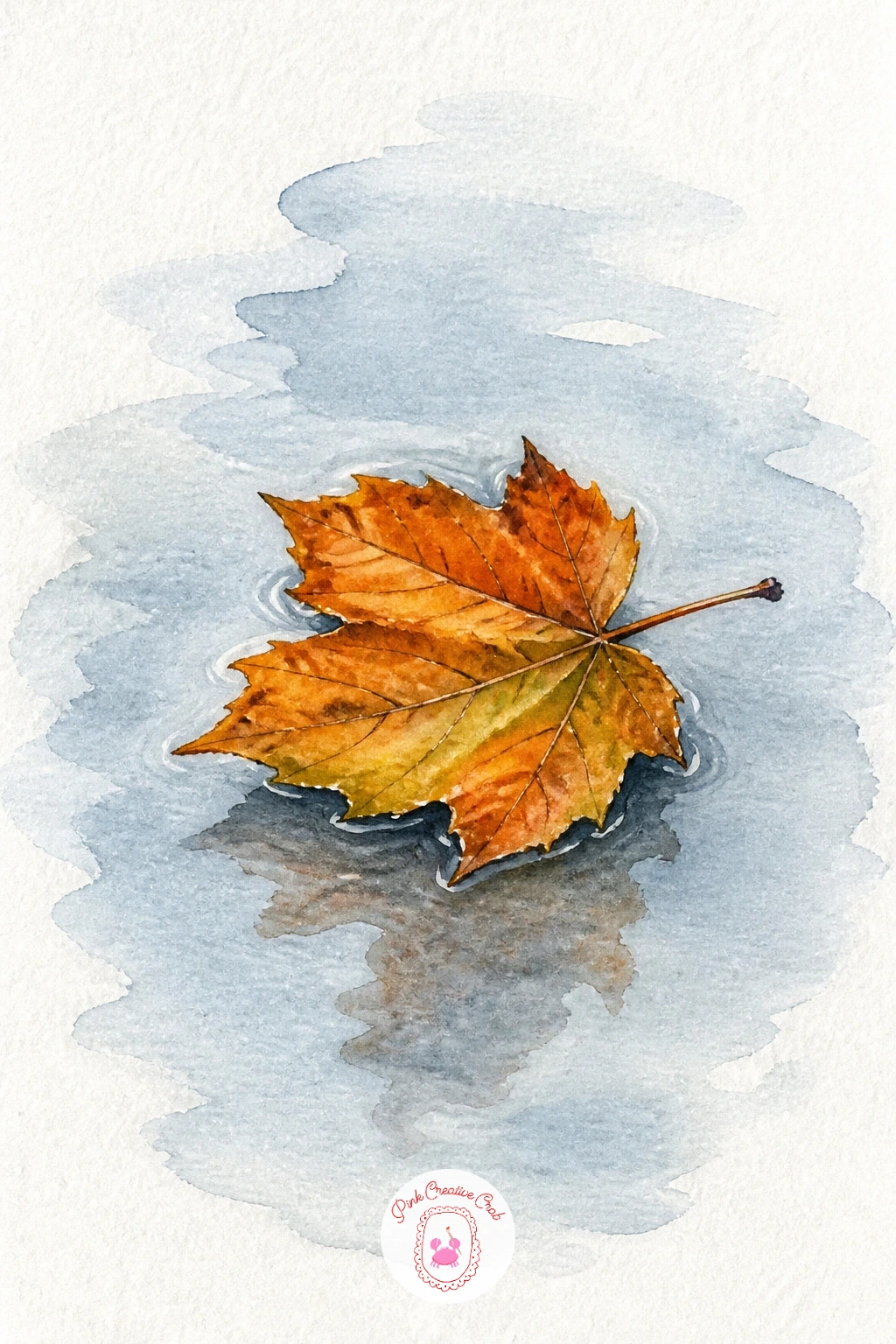 A Single Leaf Floating in a Puddle — After a busy pile, pare everything back to one leaf and a circle of water. Watercolor leaves