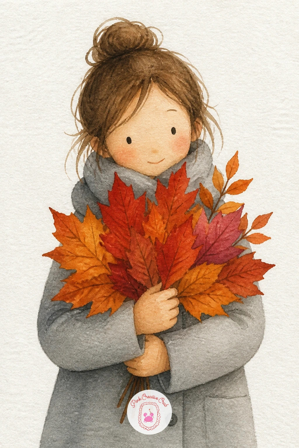 A Girl Holding a Bunch of Fall Leaves — Bring a figure into the composition for the first time, keeping her simple so the leaves stay the focus. Watercolor