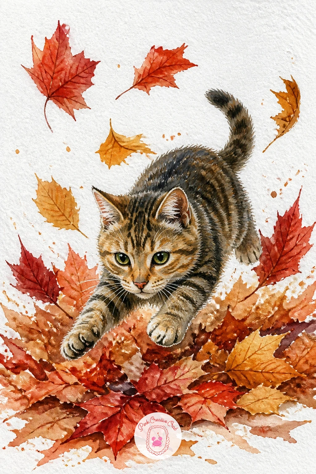 A Cat Playing in Leaves — Add motion to the leaf pile from earlier by giving this one a cat mid-pounce. Watercolor leaves