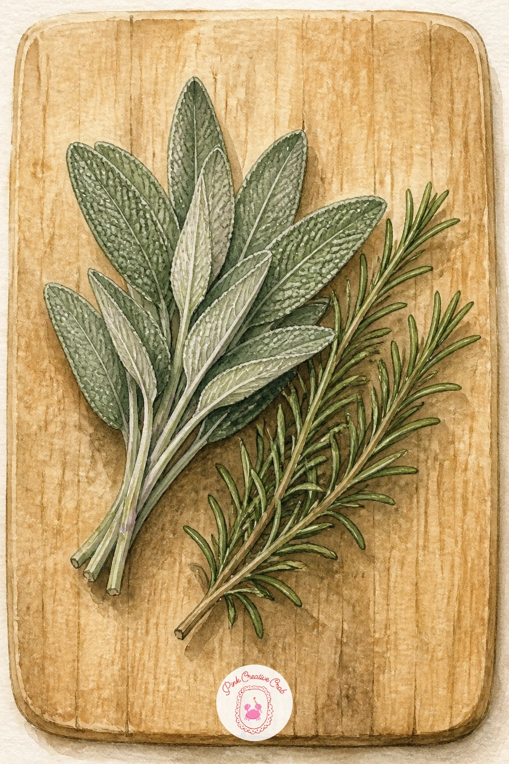 Sage and Rosemary on a Cutting Board — Move into kitchen herbs for a quieter, more fragrant subject. Watercolor leaves