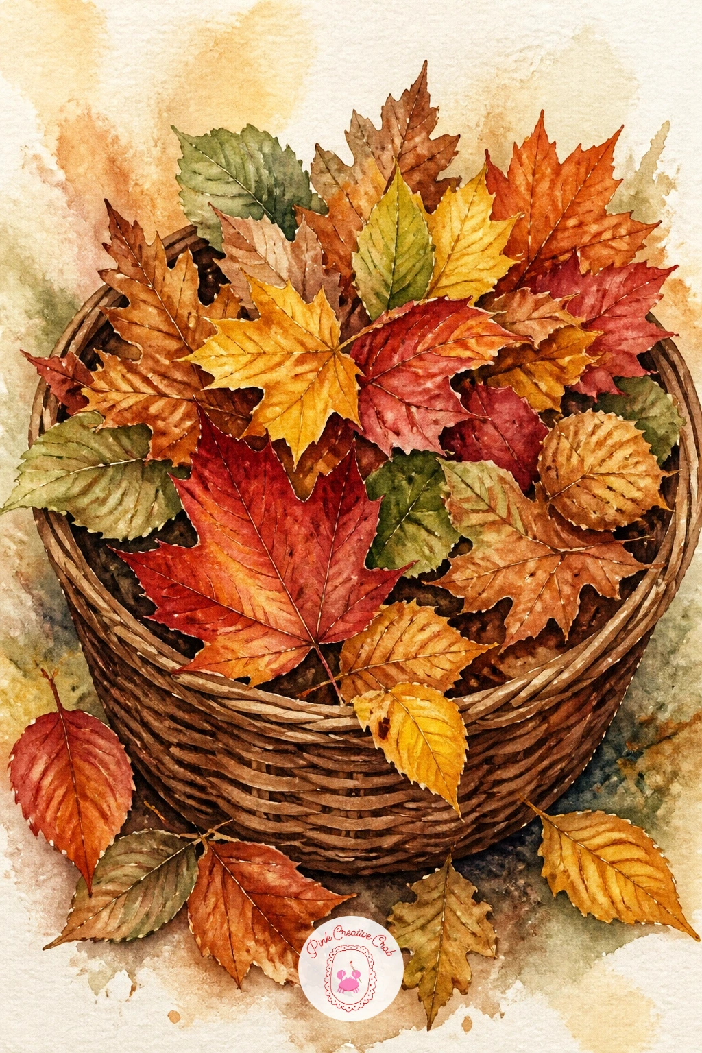 A Basket of Collected Leaves — Give the leaves a container with real weave texture this time. Watercolor leaves