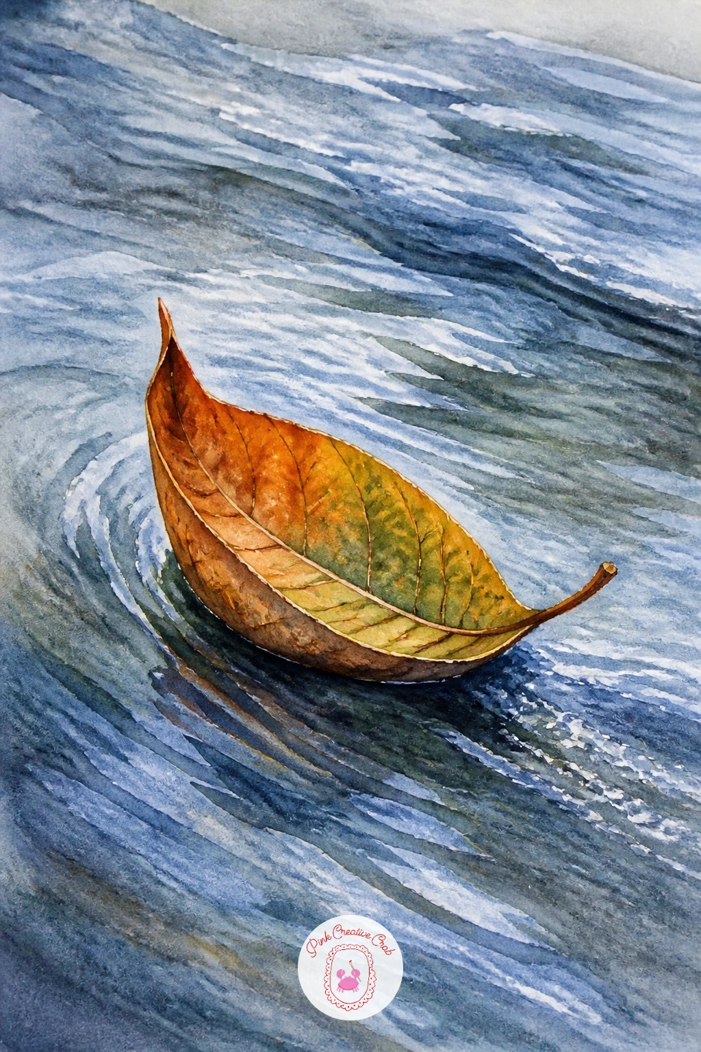 A Leaf Boat in a Stream — Give a single leaf a tiny narrative by setting it afloat on moving water. Watercolor leaves