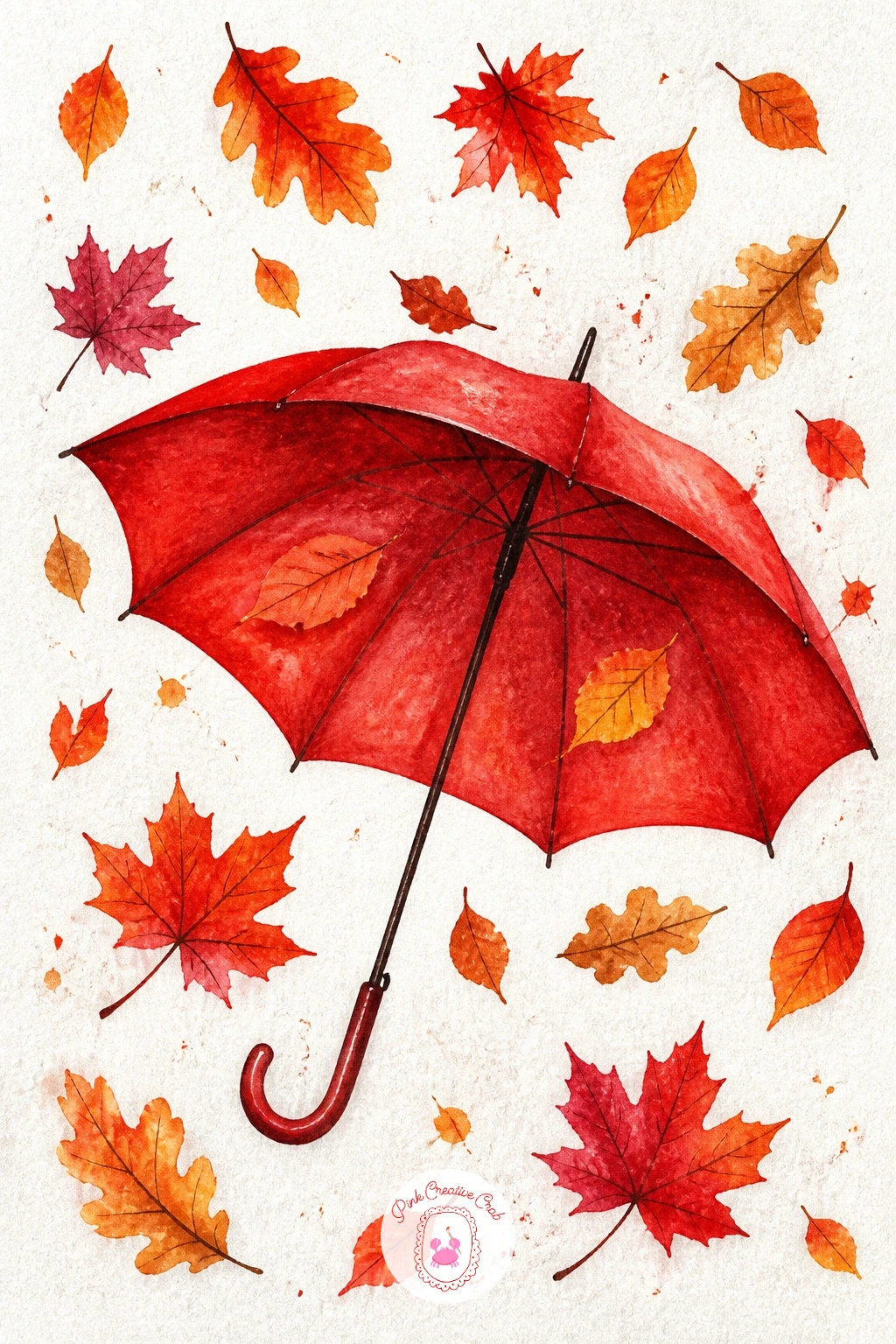A Pattern of Falling Leaves Around an Umbrella — Build a small rhythmic scene around one central object this time. Watercolor leaves
