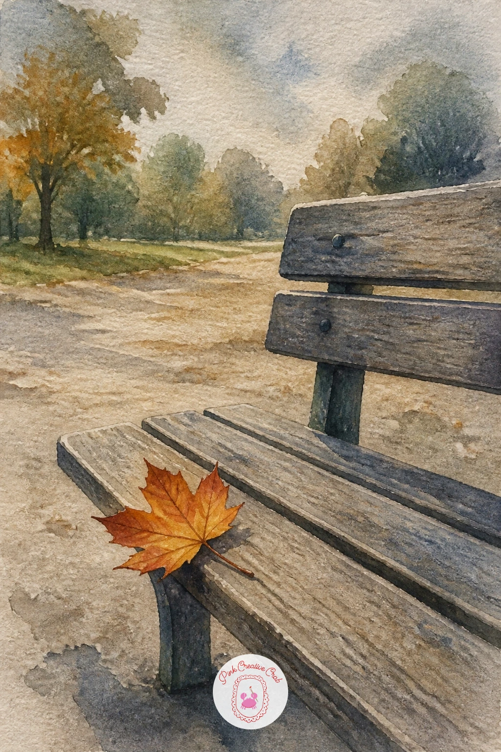 A Fallen Leaf on a Park Bench — Close the list with a quiet, simple scene that leans on mood rather than many elements. Watercolor leaves