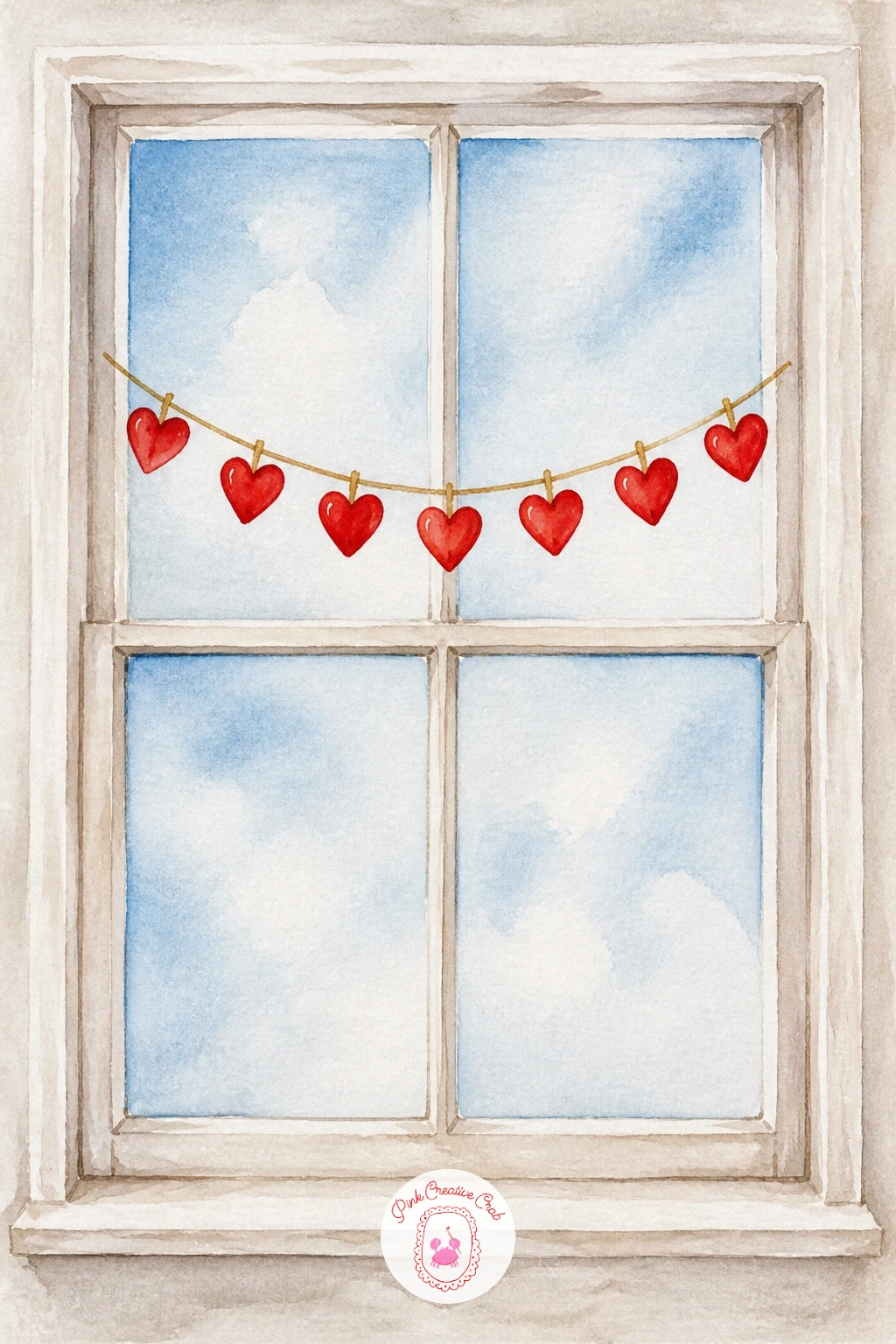 Heart Garland In A Window — Step back for a window scene now with a heart garland strung across the glass, which turns on perspective more than anything