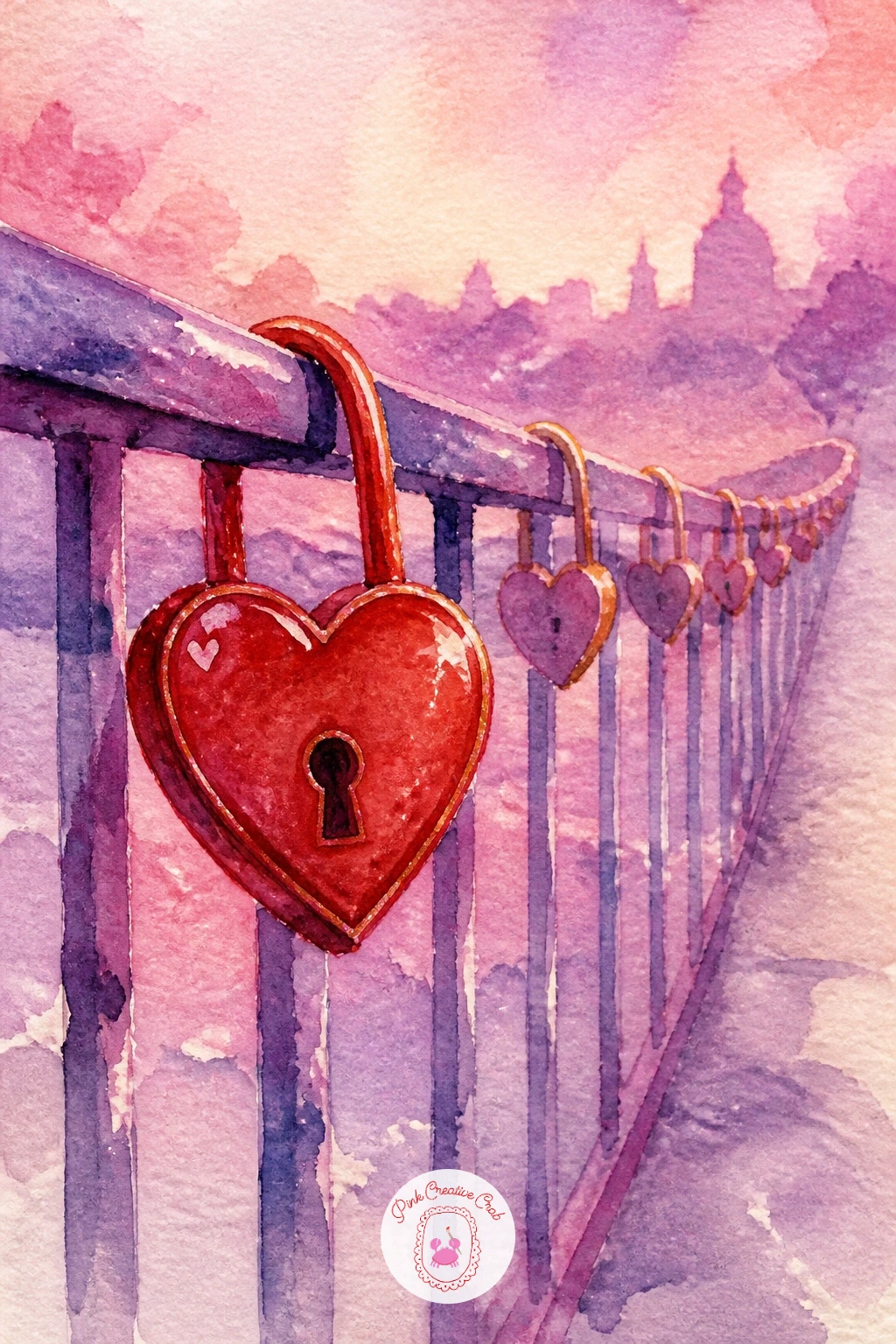 Heart Lock On A Bridge — Widen the view with a heart lock on a bridge, a scene that uses perspective to pull the eye into the distance. Valentines watercolor