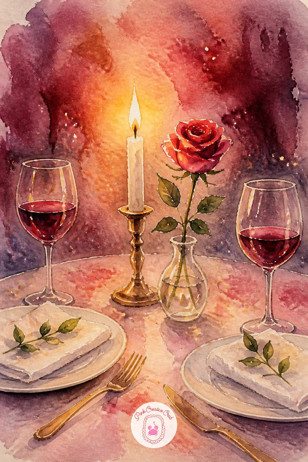 Candlelit Dinner — Build toward the final stretch with a candlelit dinner, the moodiest lighting exercise on the whole list. Valentines watercolor
