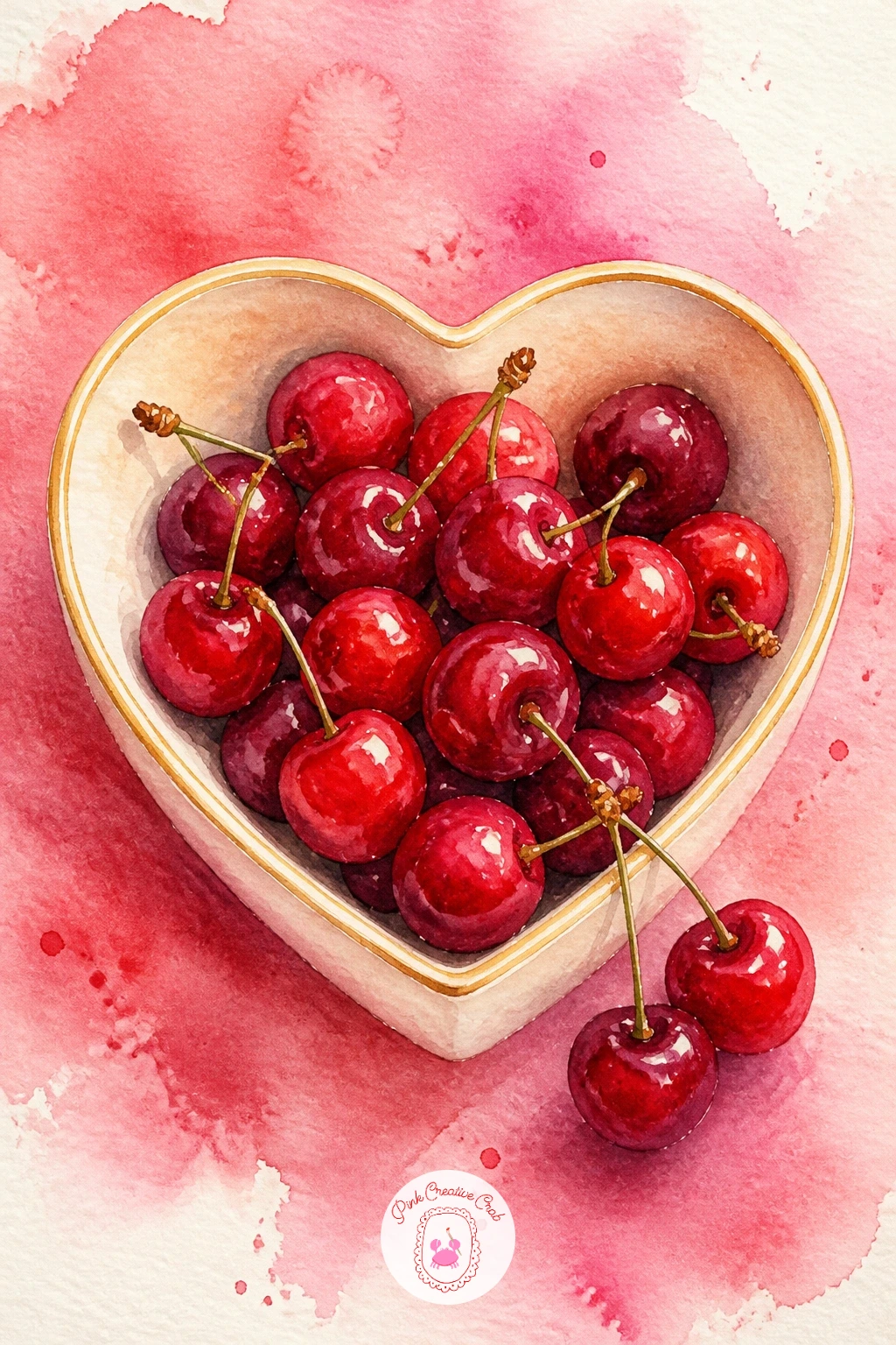 Cherries In A Heart Dish — Return once more to cherries, this time cherries in a heart dish, a quieter echo of the cherry pair from earlier in the list now