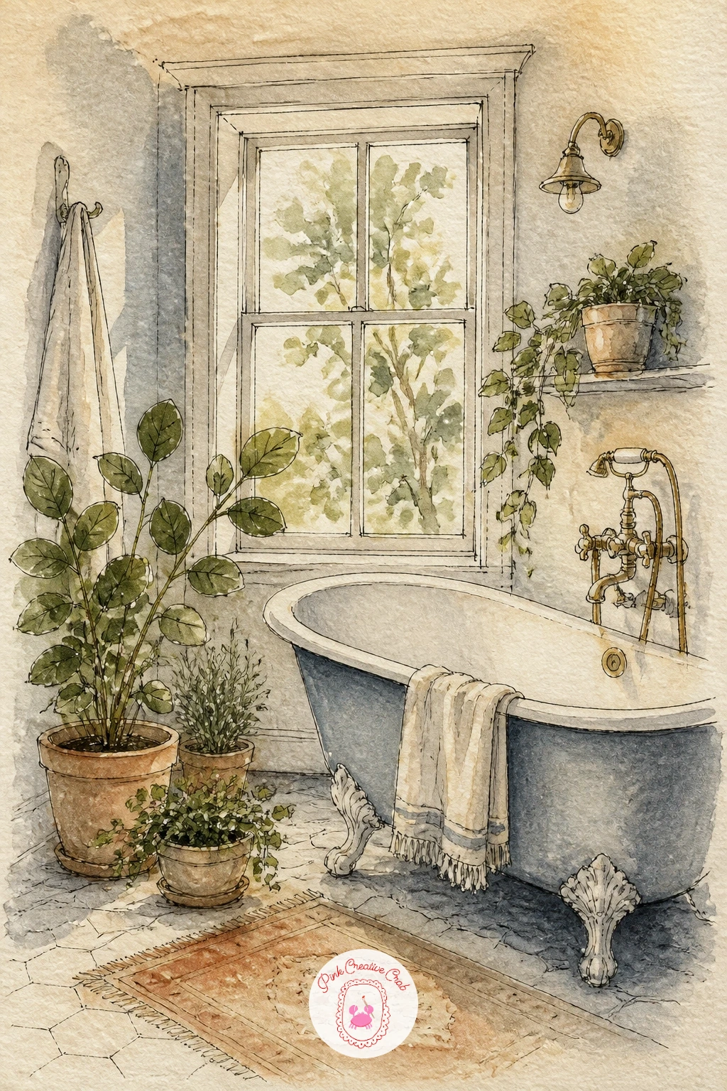 Bathroom With Clawfoot Tub and Plants — Draw the clawfoot tub first and keep its curve generous, since a tub drawn too thin or too boxy loses the charm that