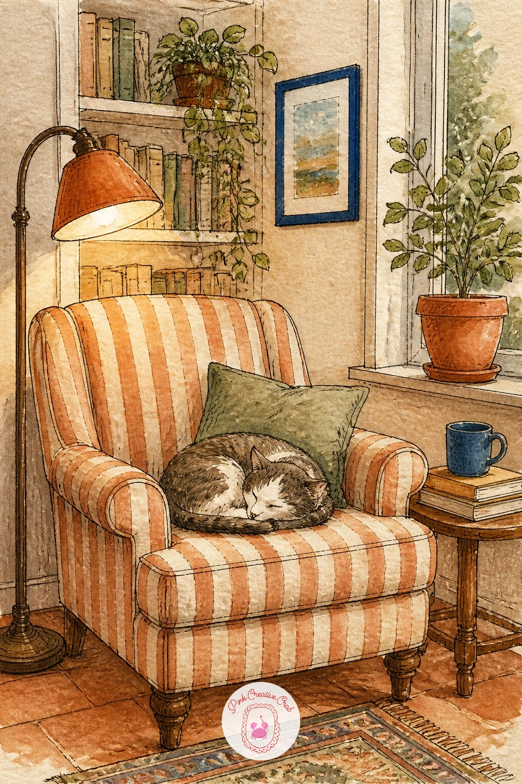 Reading Nook With Striped Armchair and Sleeping Cat — Start with the armchair, since everything else in this reading nook gets built around its size.