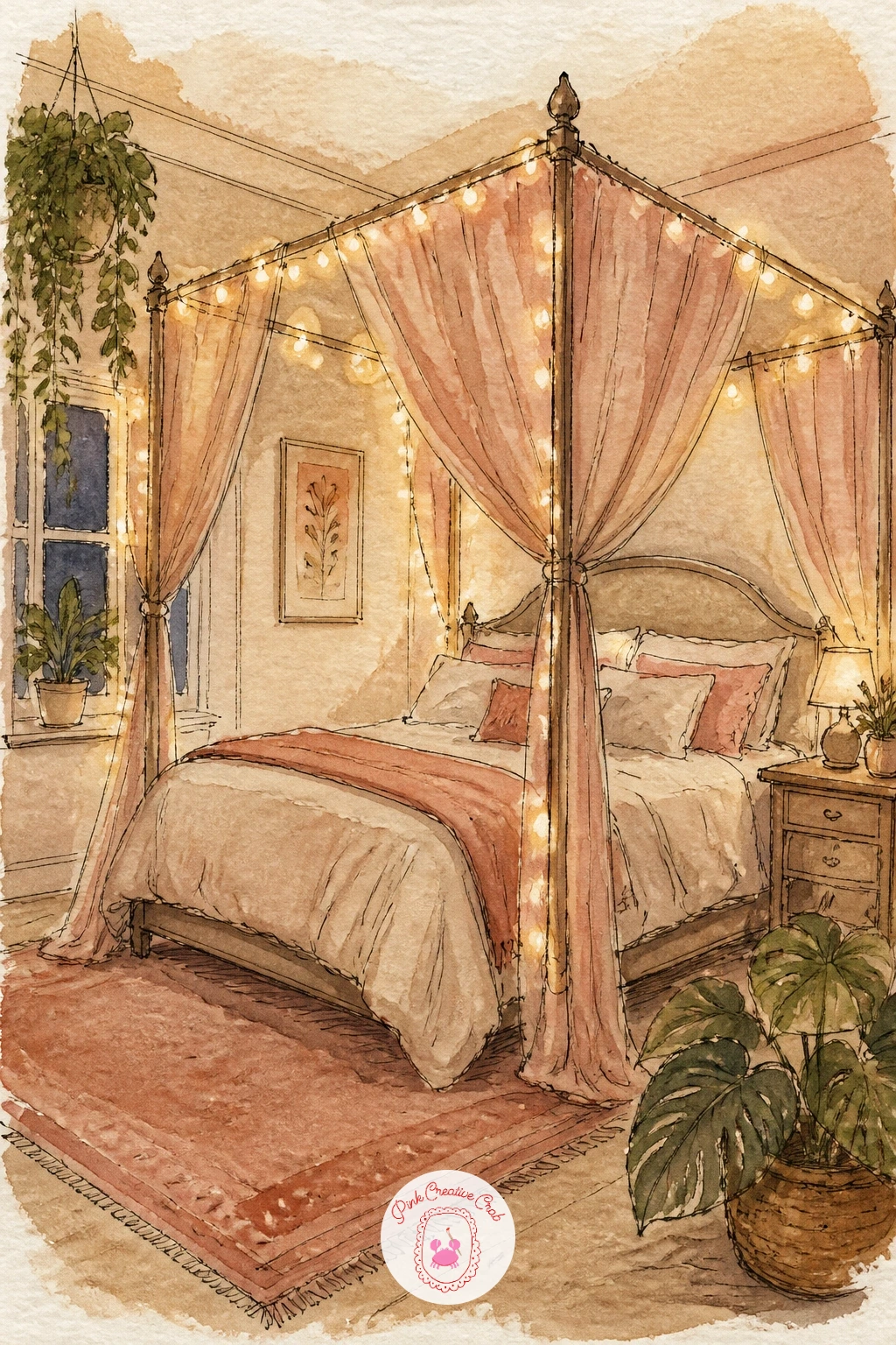 Bedroom With Canopy and Fairy Lights — Picture the eye level first here, because this bedroom works best drawn as if you are standing at the foot of the bed