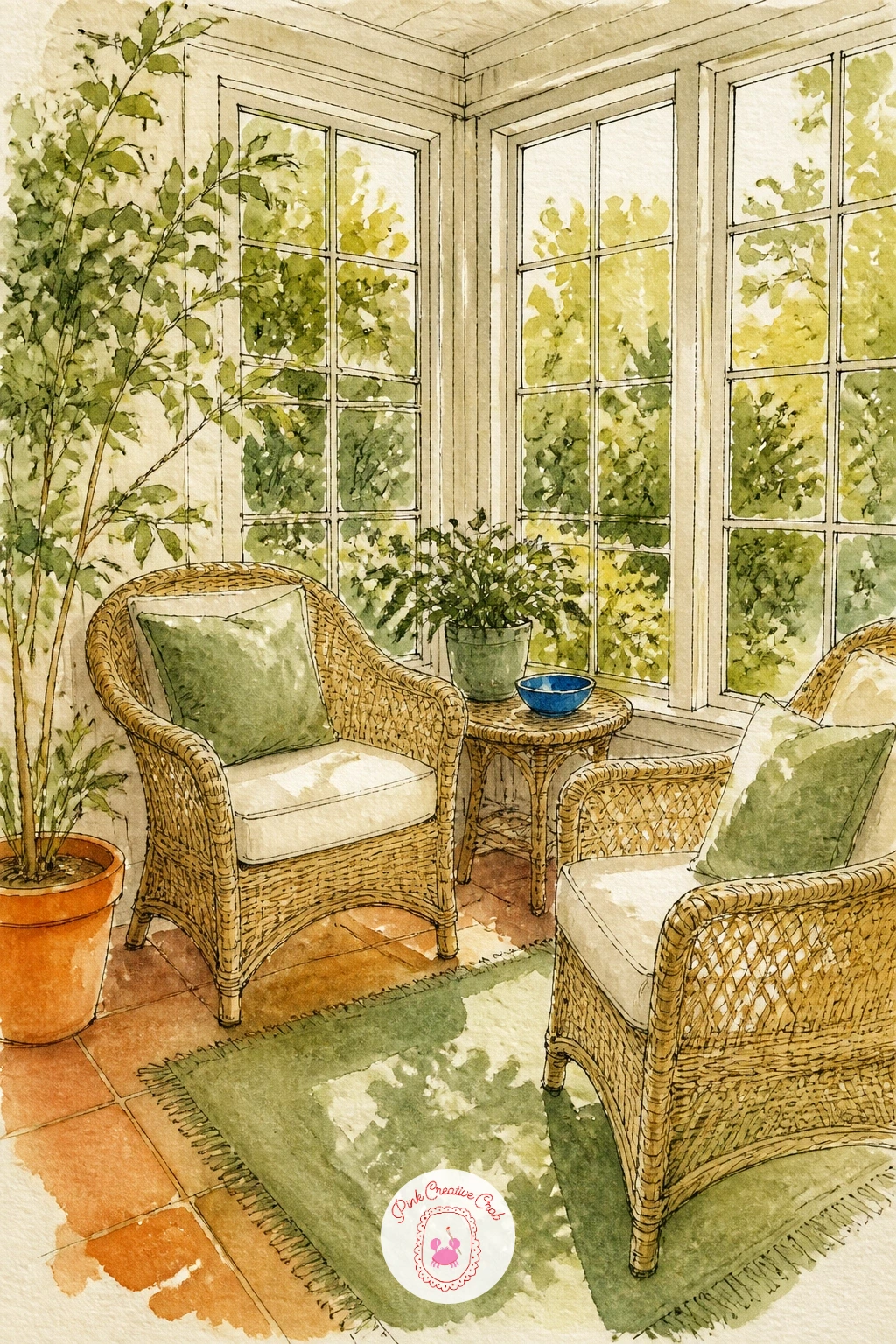 Sunroom With Wicker Chairs — Follow on from that window-lit desk with a whole room built around light: a sunroom with wicker chairs asks you to think about