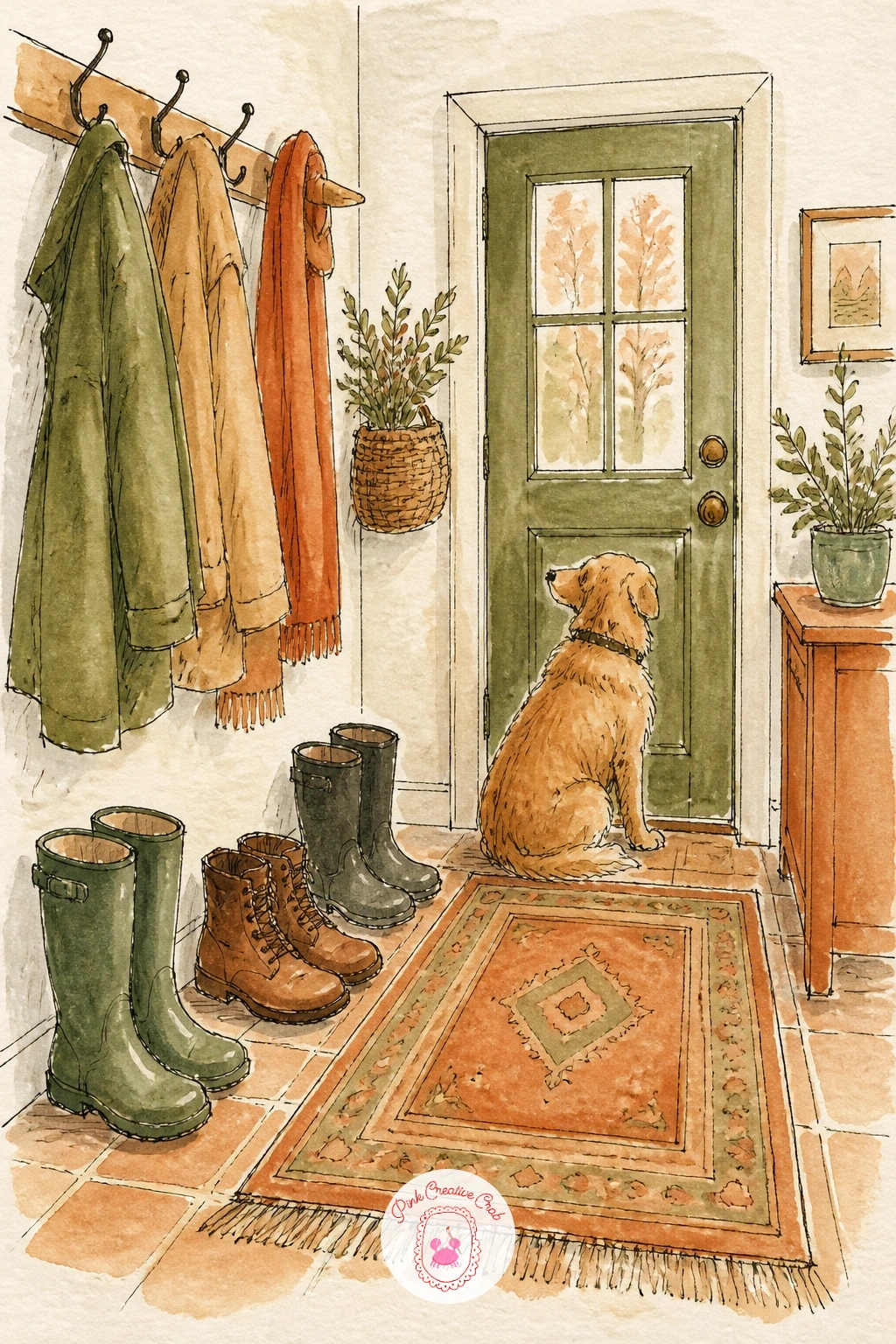 Hallway With Coats, Boots and a Dog Waiting — Line up the hooks and boots along one wall before anything else, since this hallway scene depends on a believable