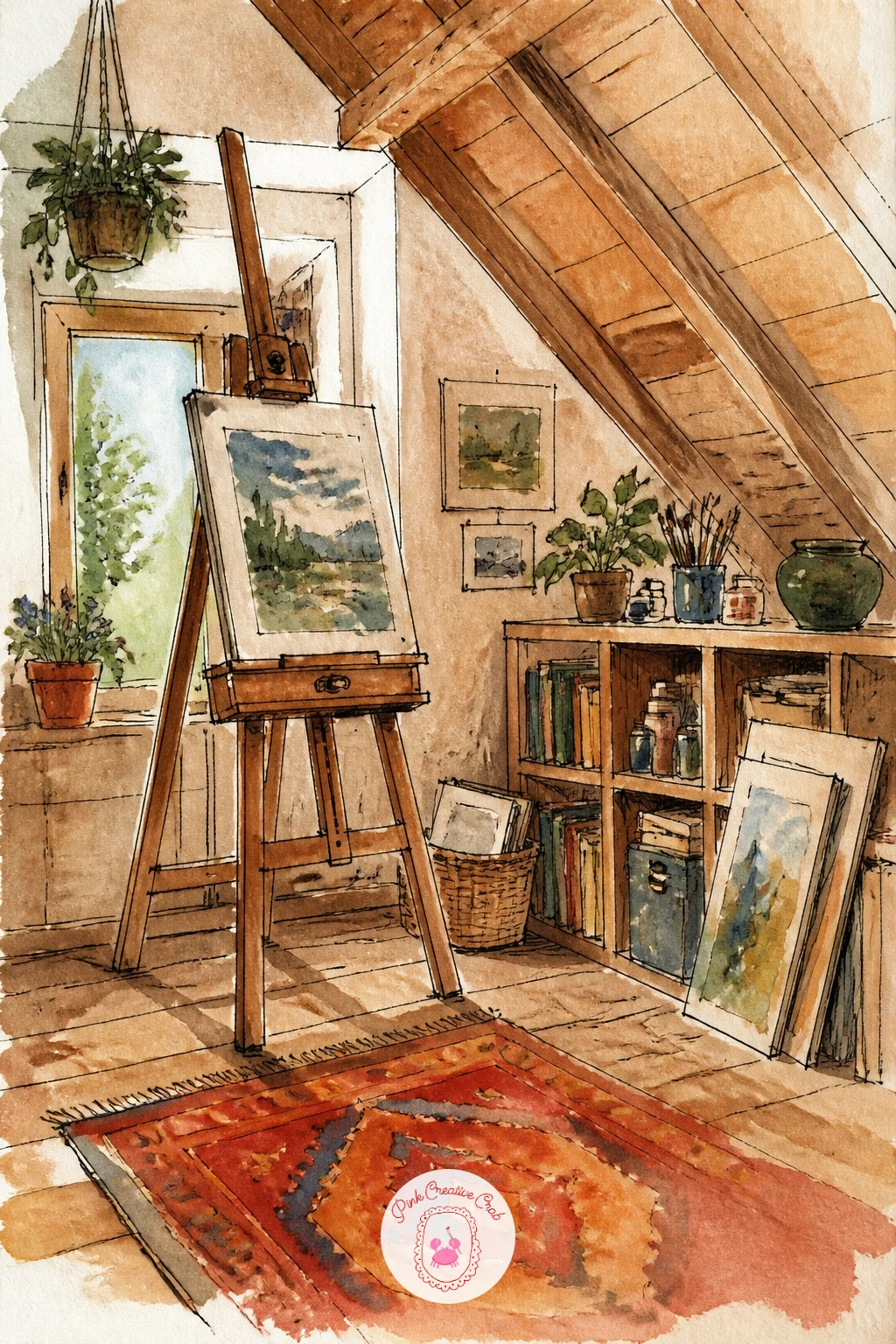 Attic Studio With an Easel — Keep going from that hallway into a quieter upstairs room: an attic studio with an easel gives you the fun of a slanted ceiling to