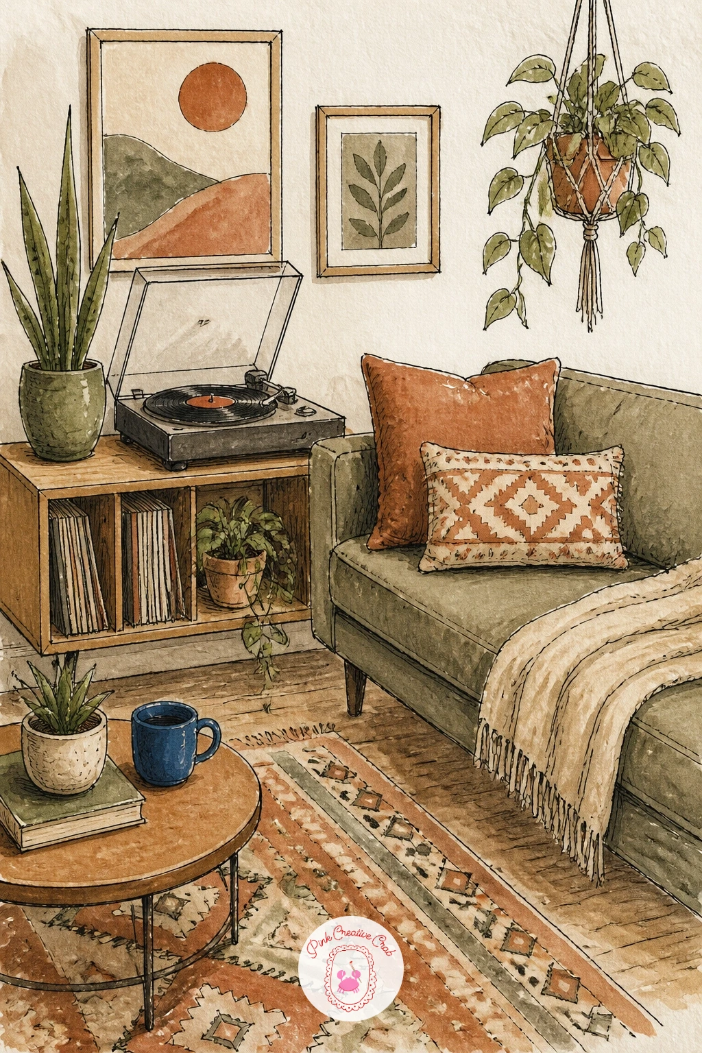 Living Room With a Record Player — Place the record player on its stand before drawing anything else around it, since its box shape and the circular record on