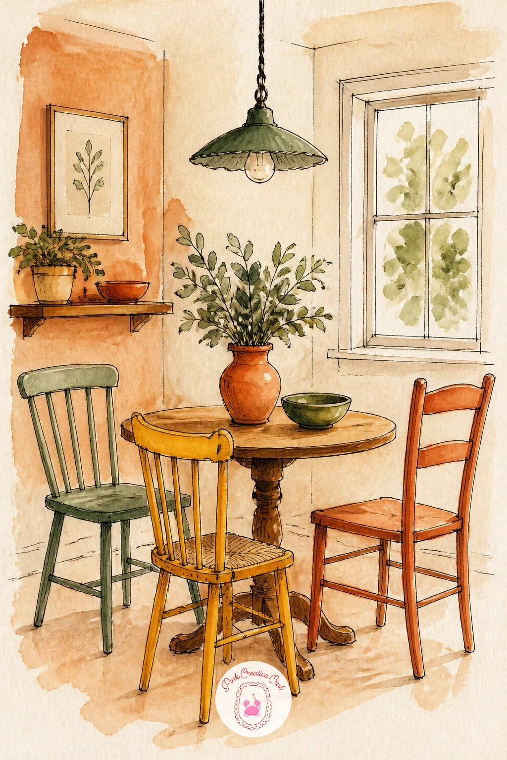 Dining Nook With Mismatched Chairs — Compare each chair to the one beside it as you draw, since the whole charm of this dining nook comes from the chairs