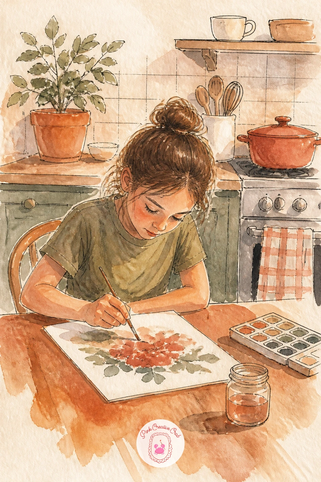 Girl Painting at a Kitchen Table — Set the hand and the paintbrush as your starting point, since a figure drawing like this one succeeds or fails on that small