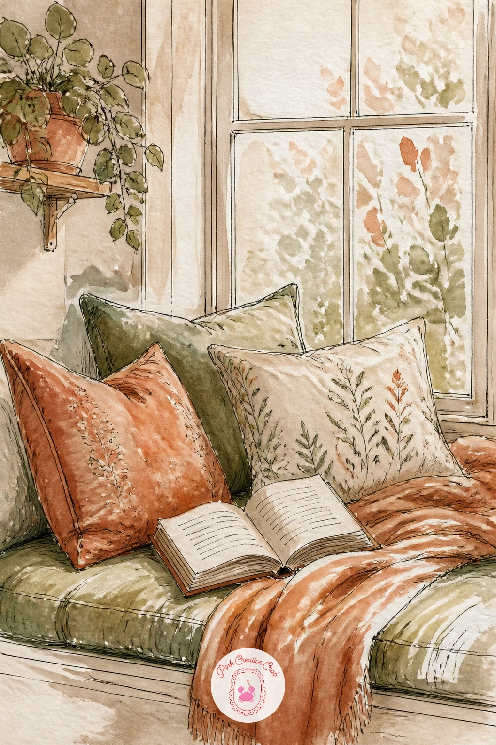 Window Seat With Pillows and a Book — Carry that same quiet, personal mood into a window seat with pillows and a book, a scene that needs almost no figure at