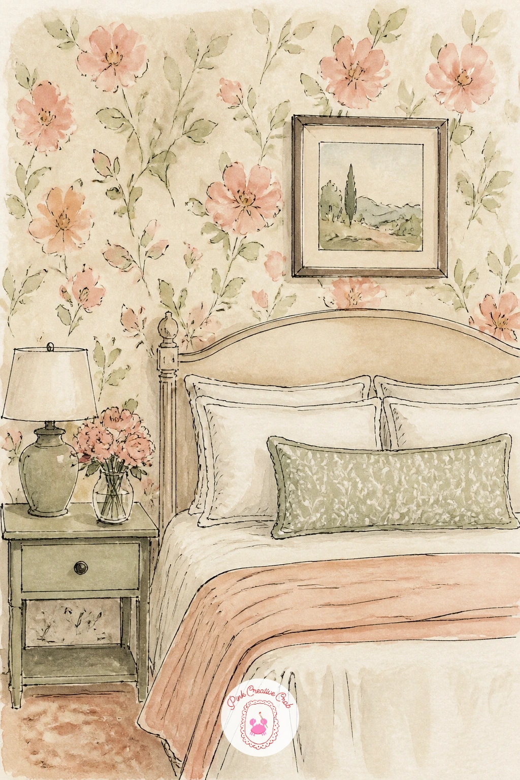 Guest Room With Floral Wallpaper — Mark out the wallpaper pattern with small repeated pencil dots before you commit any ink, since a floral wallpaper wall