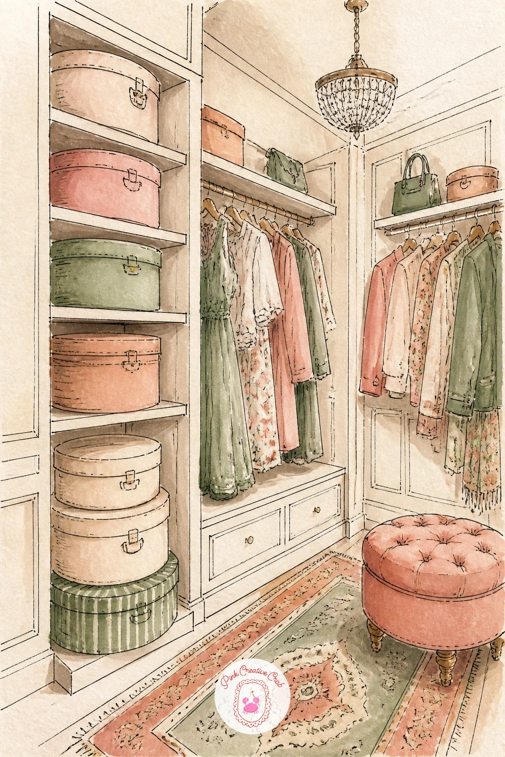 Walk-In Closet With Hat Boxes — Build this walk-in closet scene from a grid of shelving first, since the stacked hat boxes and hanging clothes all depend on a