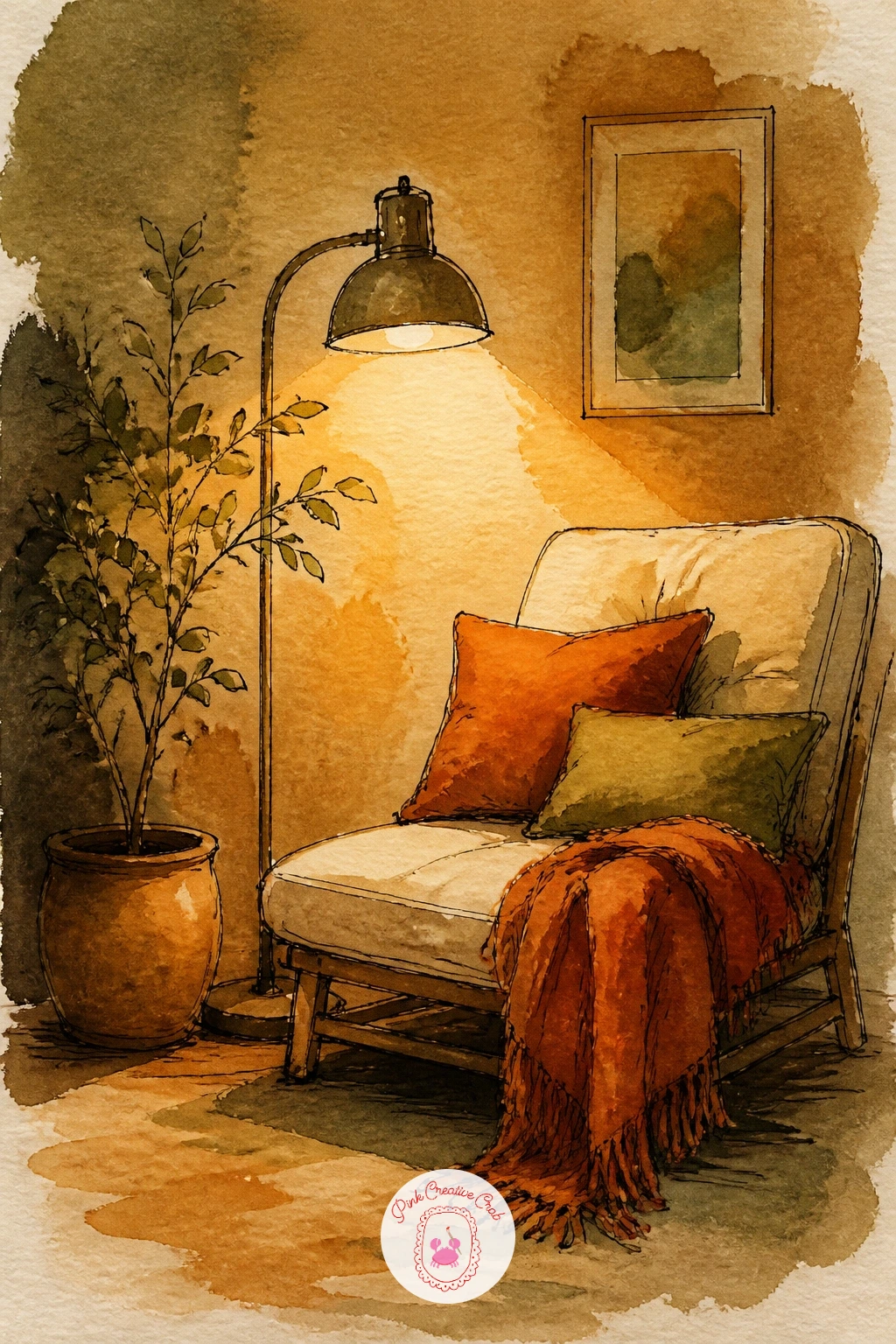 Cozy Corner With a Floor Lamp and Blanket — Decide where the lamp's light pools before drawing the rest of this cozy corner, since the whole mood depends on a